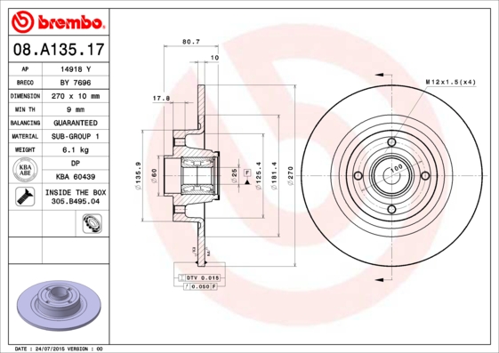 Brembo 08.A135.17 - Disco Freno Con Cuscinetto Integrato (Set Di 1) - Posteriore