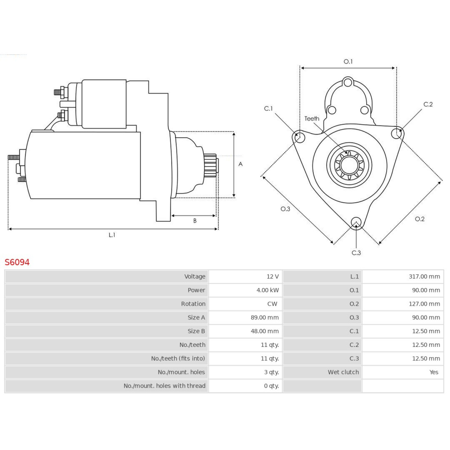 AS-PL S6011 Motorino avviamento 12V, 2,2KW, N° denti: 10