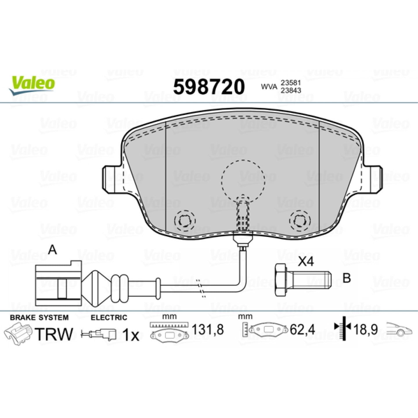 Kit de plaquettes de frein, frein à disque VALEO 598720