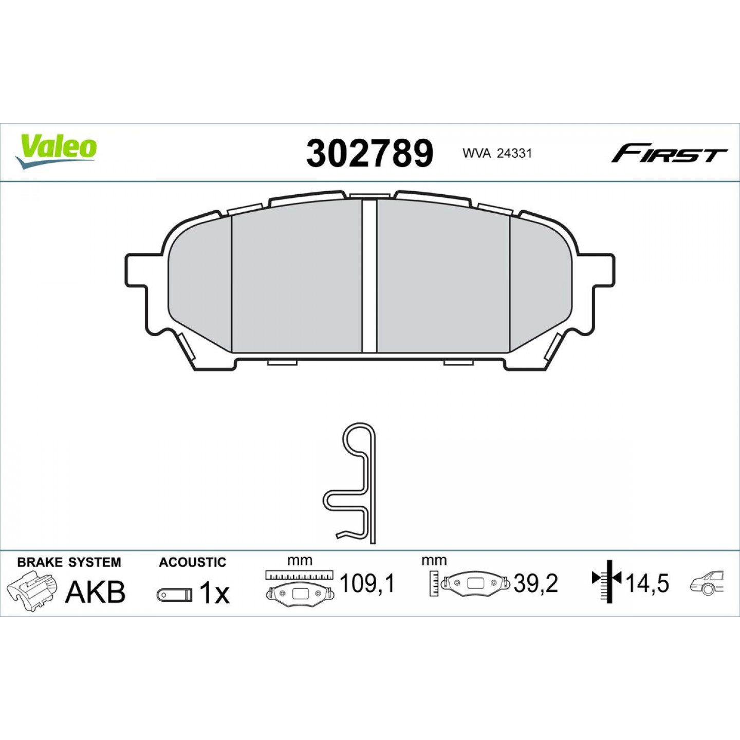 Kit de plaquettes de frein, frein à disque VALEO 302789