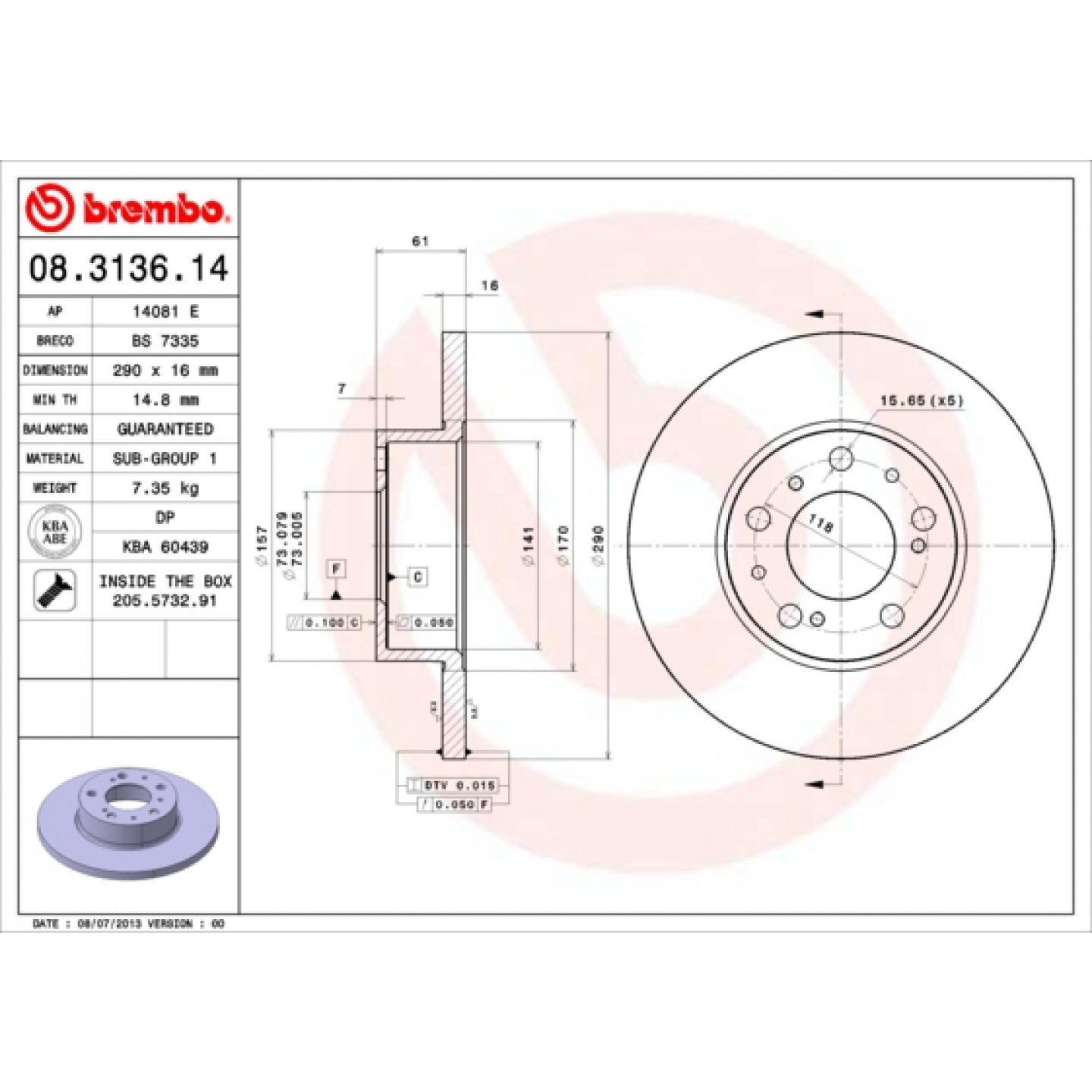 Brzdový kotouč BREMBO 08.3136.14