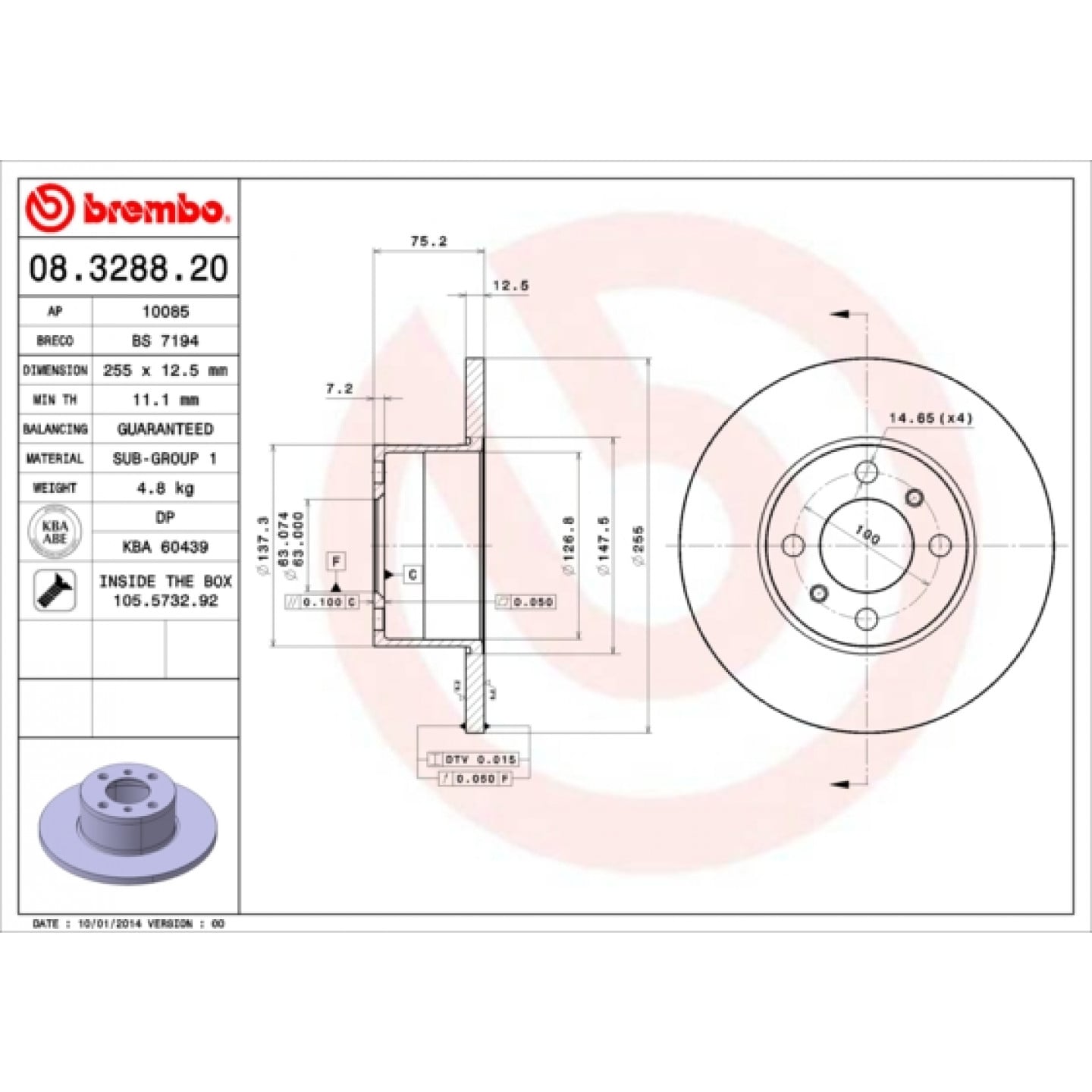 Tarcza hamulcowa BREMBO 08.3288.20