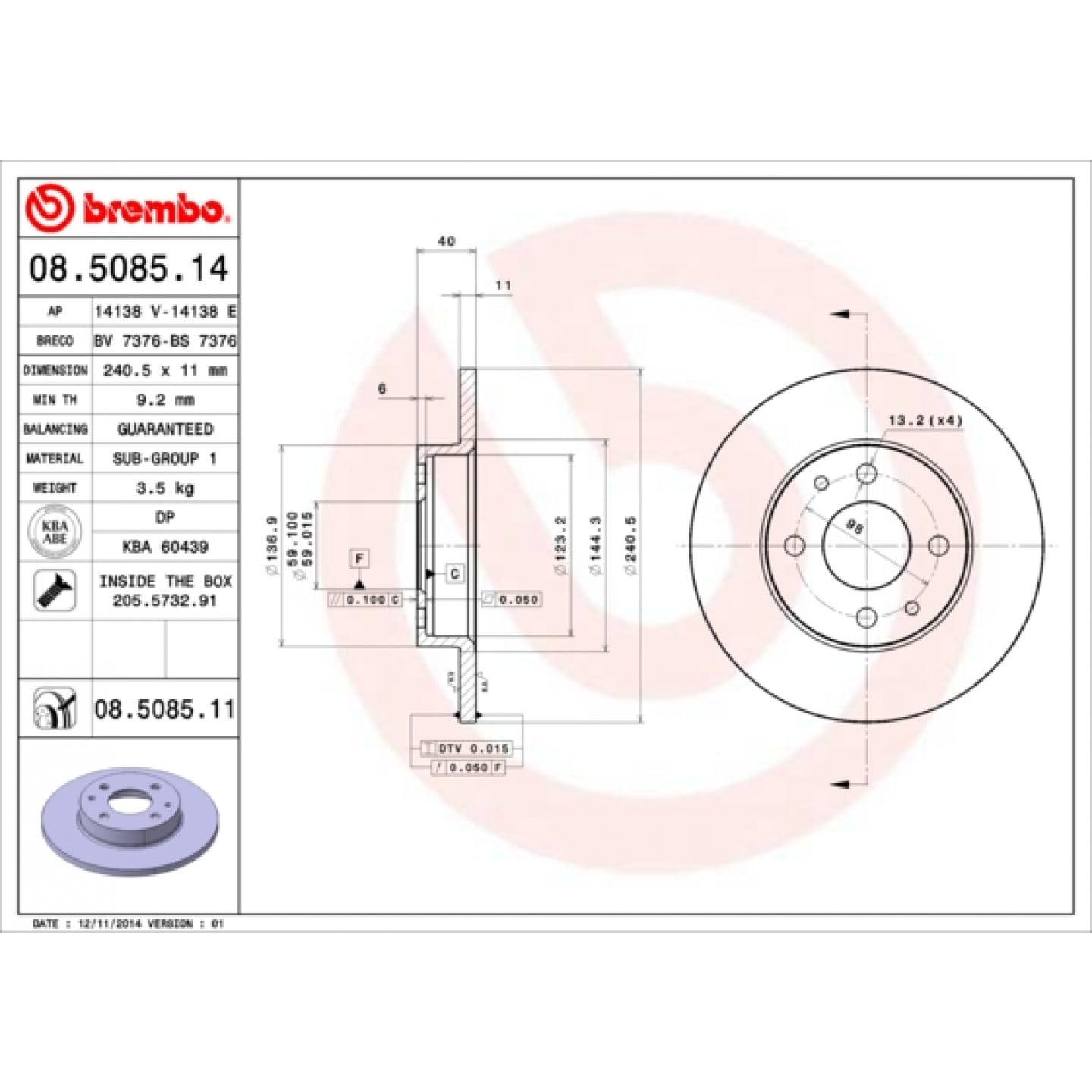 Bremsscheibe BREMBO 08.5085.14