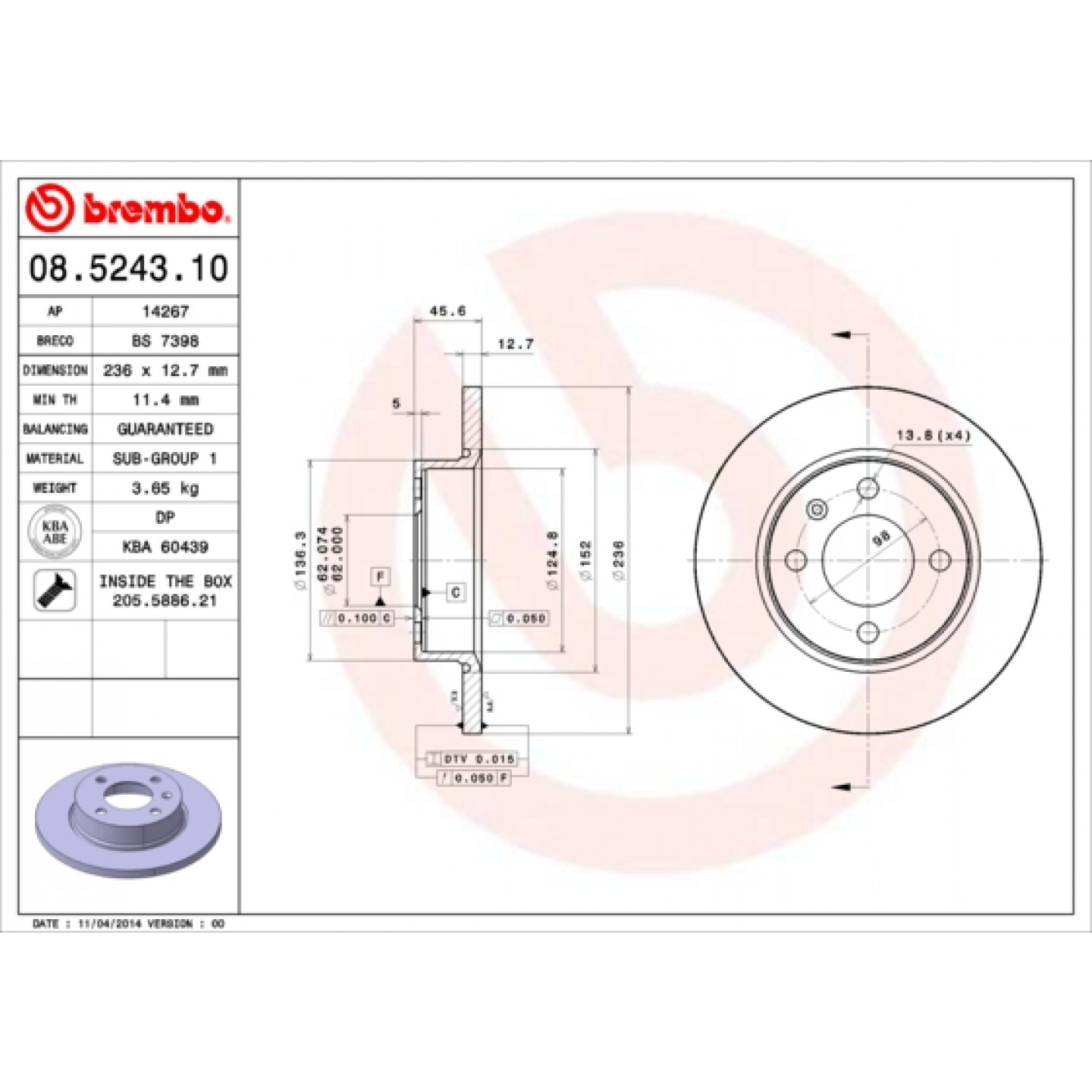 Brzdový kotouč BREMBO 08.5243.10