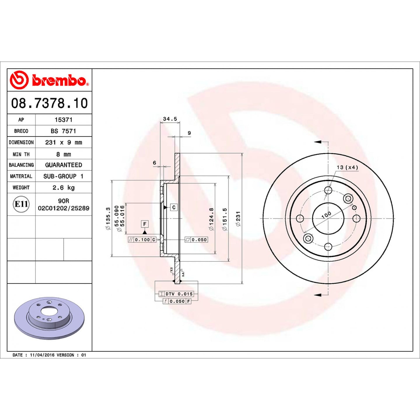 Brzdový kotouč BREMBO 08.7378.10