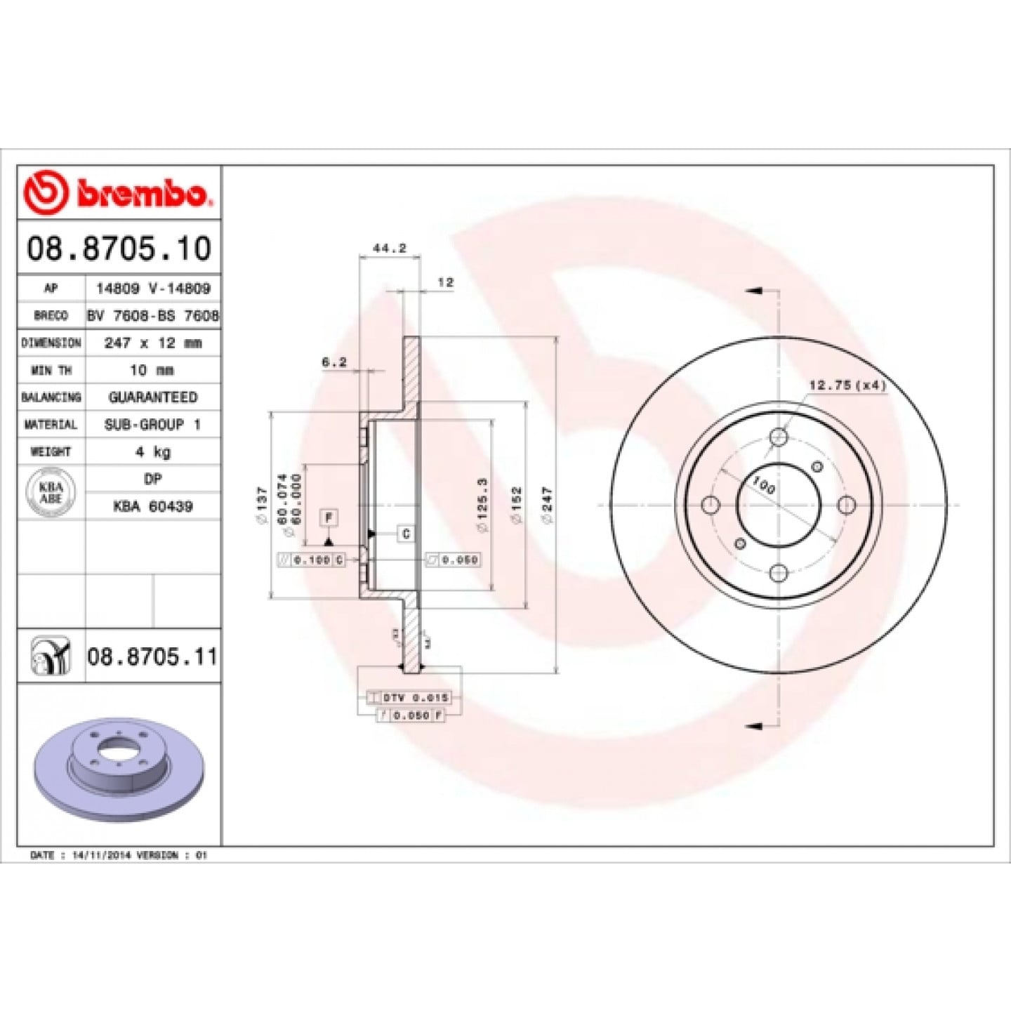 Brzdový kotouč BREMBO 08.8705.11