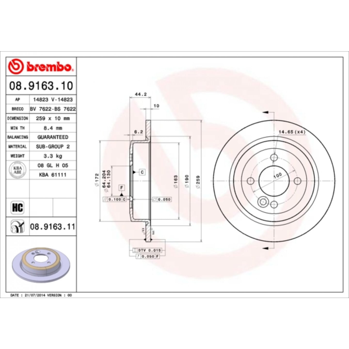 Brzdový kotouč BREMBO 08.9163.11