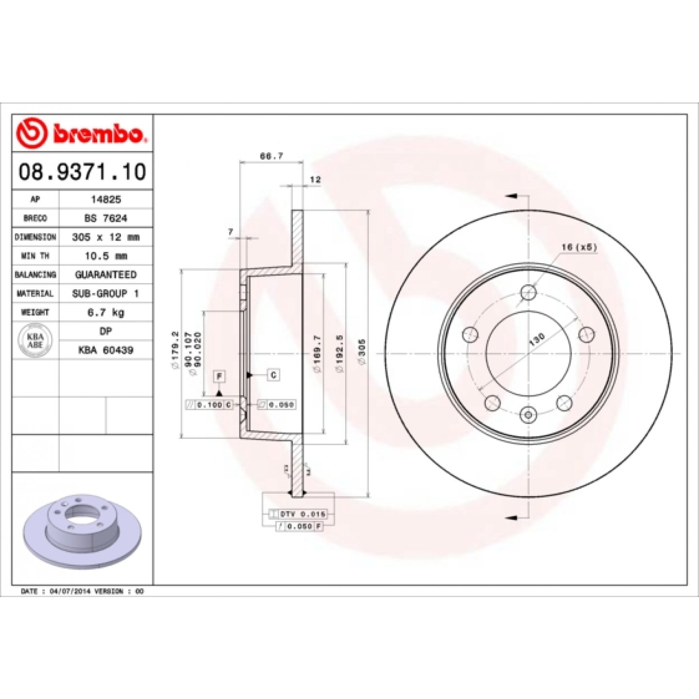 Brzdový kotouč BREMBO 08.9371.10