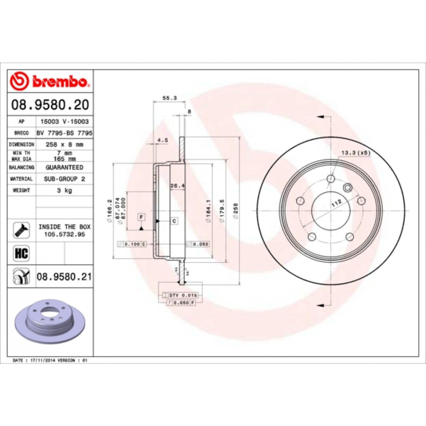Tarcza hamulcowa BREMBO 08.9580.20