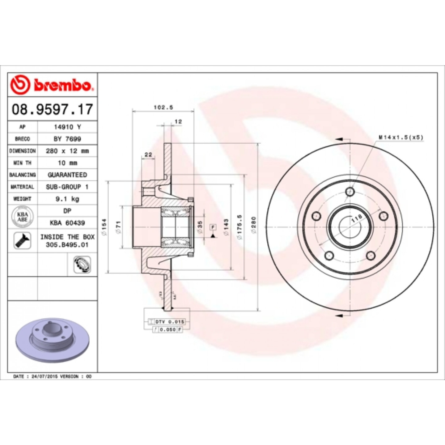Remschijf BREMBO 08.9597.17
