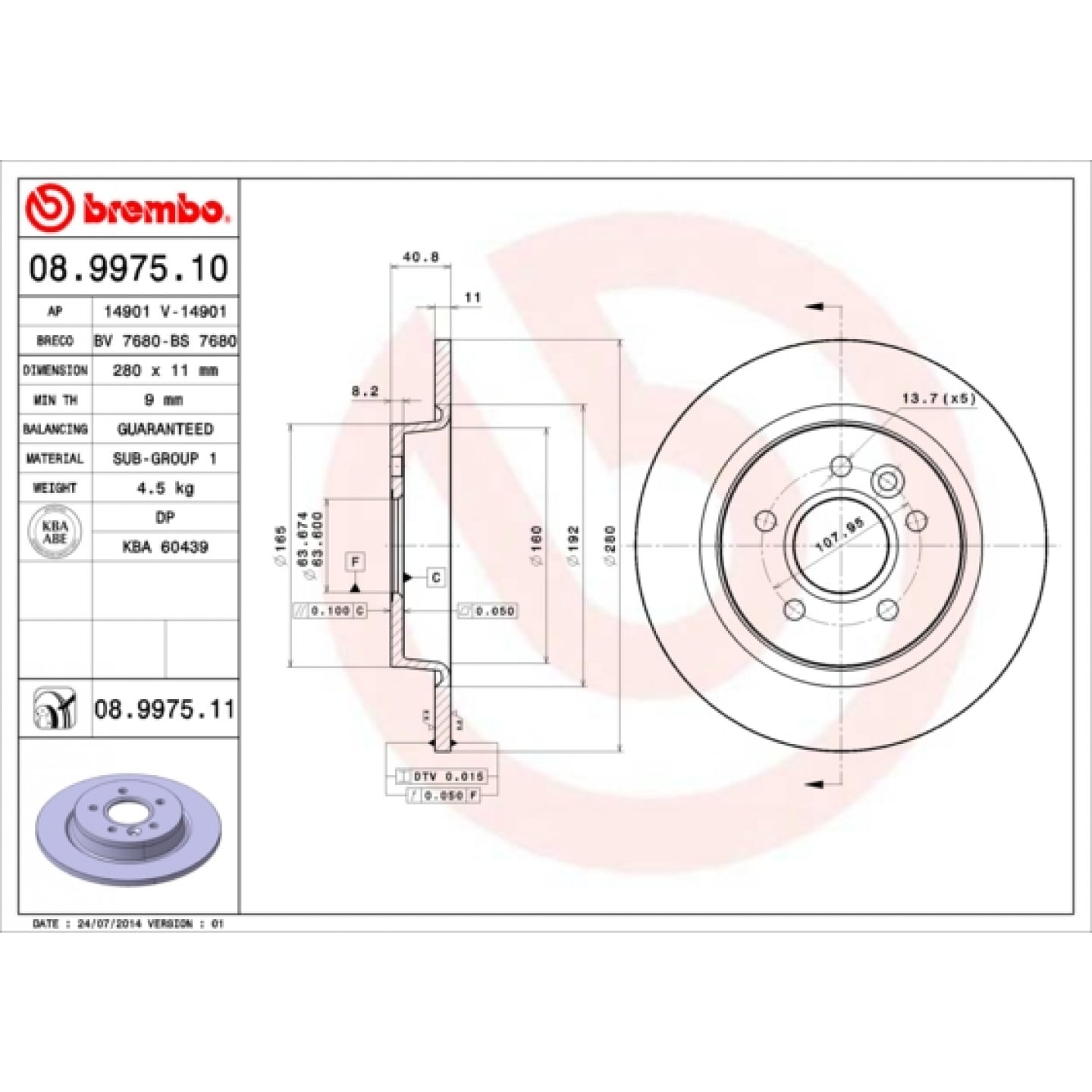 Brzdový kotouč BREMBO 08.9975.11