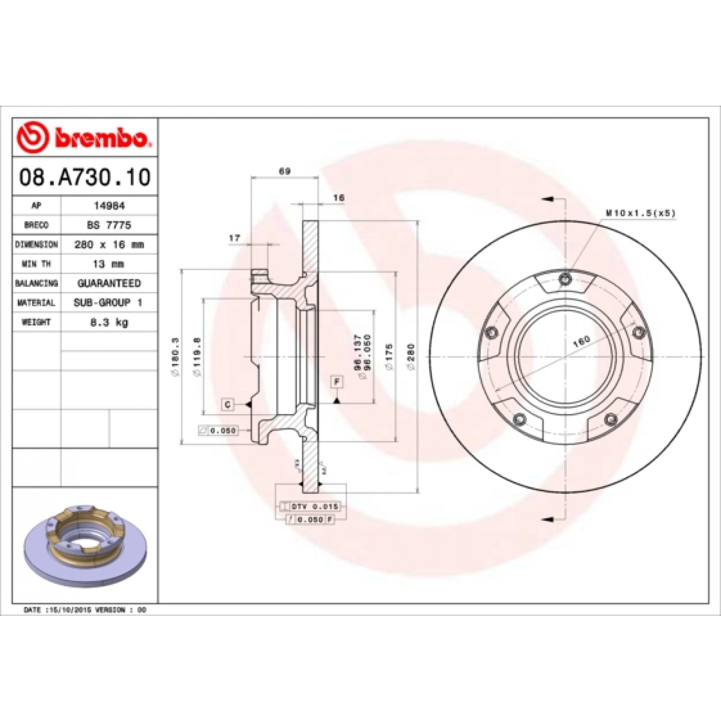 Remschijf BREMBO 08.A730.10