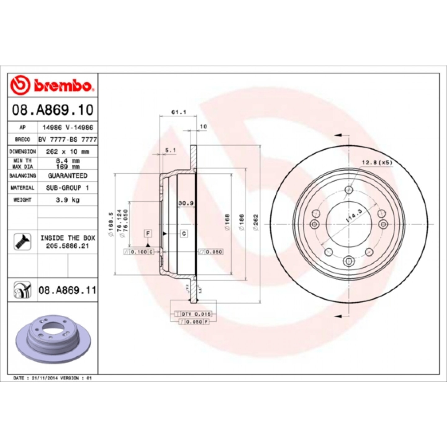 Bremseskive BREMBO 08.A869.11