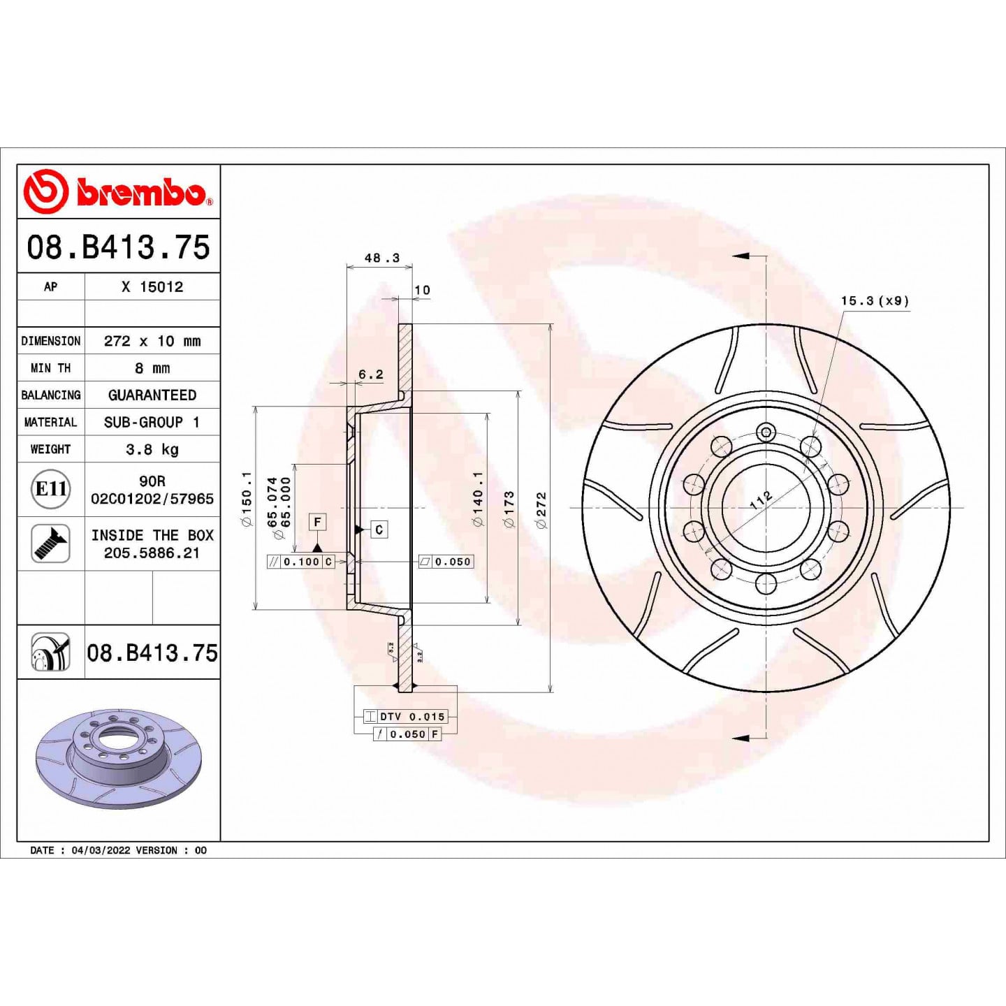 Discofreno BREMBO 08.B413.75