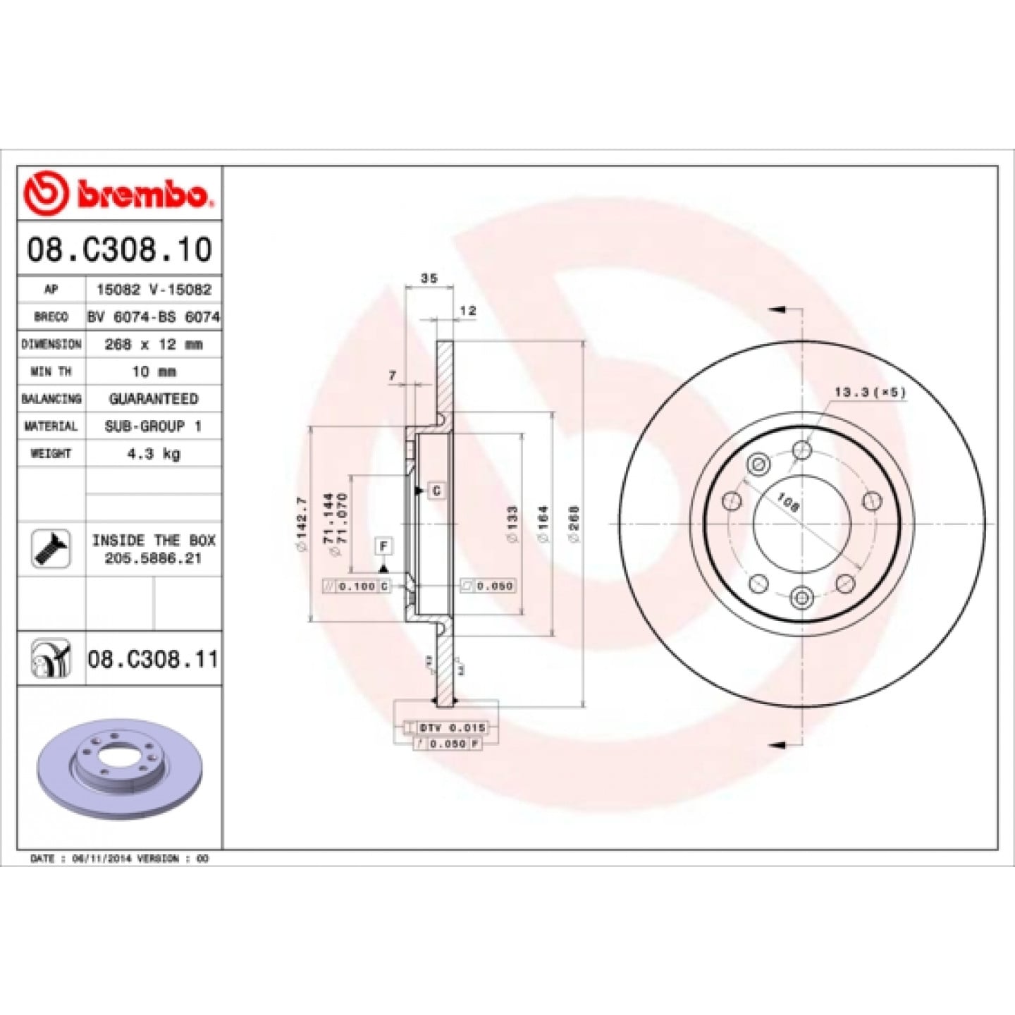 Brzdový kotouč BREMBO 08.C308.11