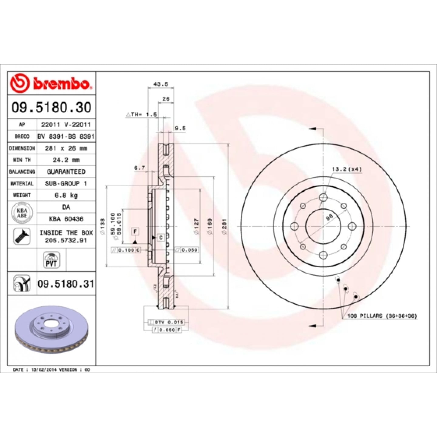 Tarcza hamulcowa BREMBO 09.5180.31