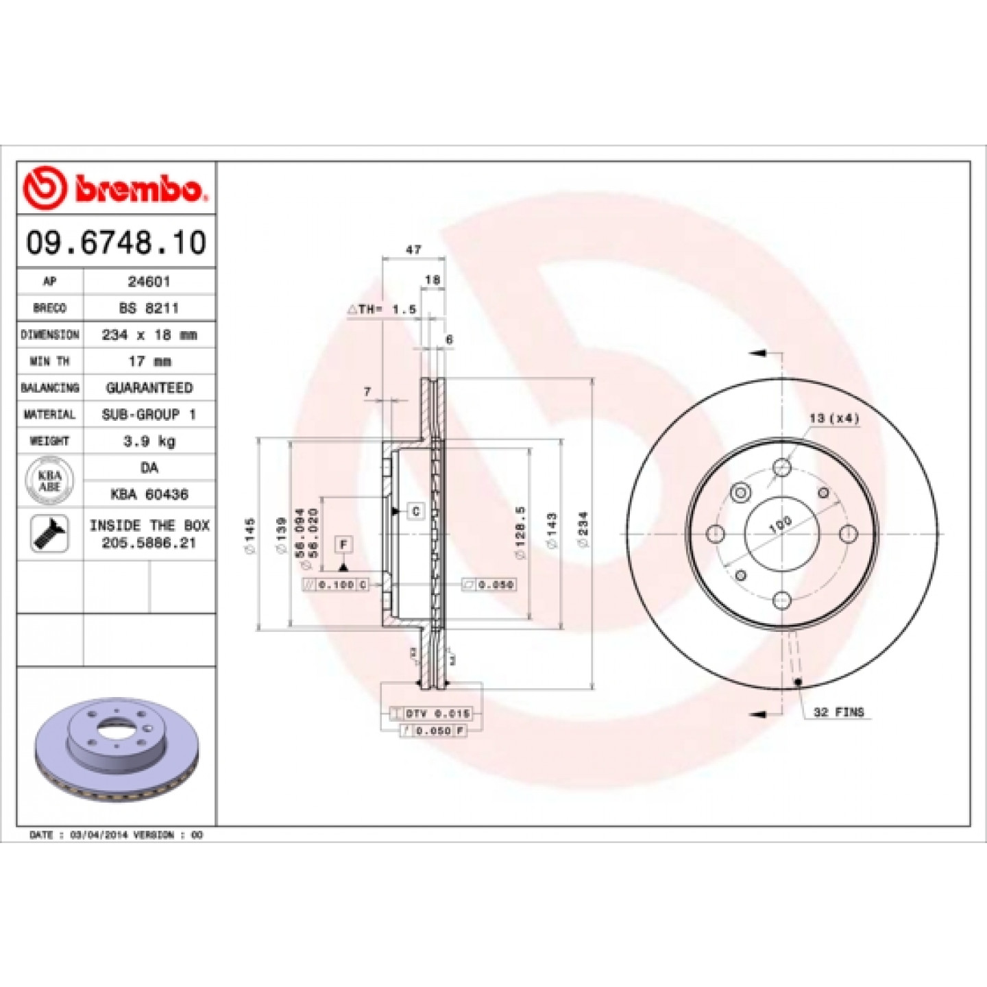 Brzdový kotouč BREMBO 09.6748.10