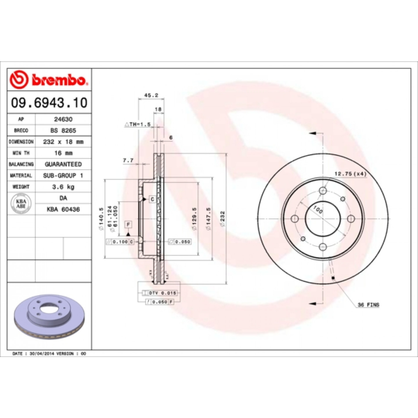 Bremsscheibe BREMBO 09.6943.10