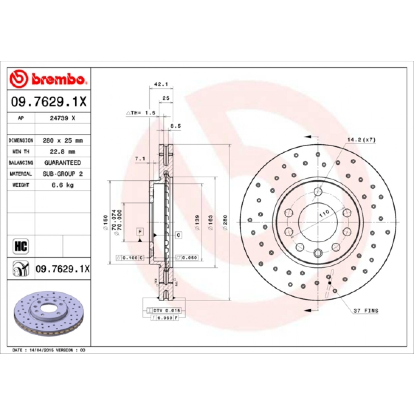 Brzdový kotouč BREMBO 09.7629.1X