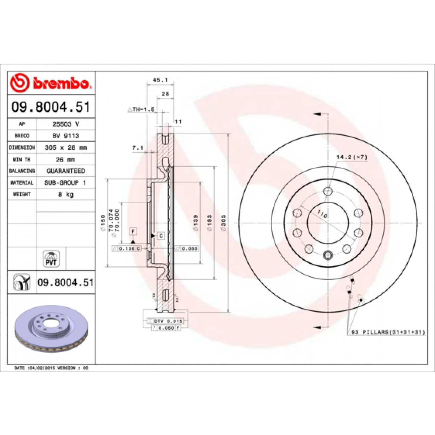 Brzdový kotouč BREMBO 09.8004.51