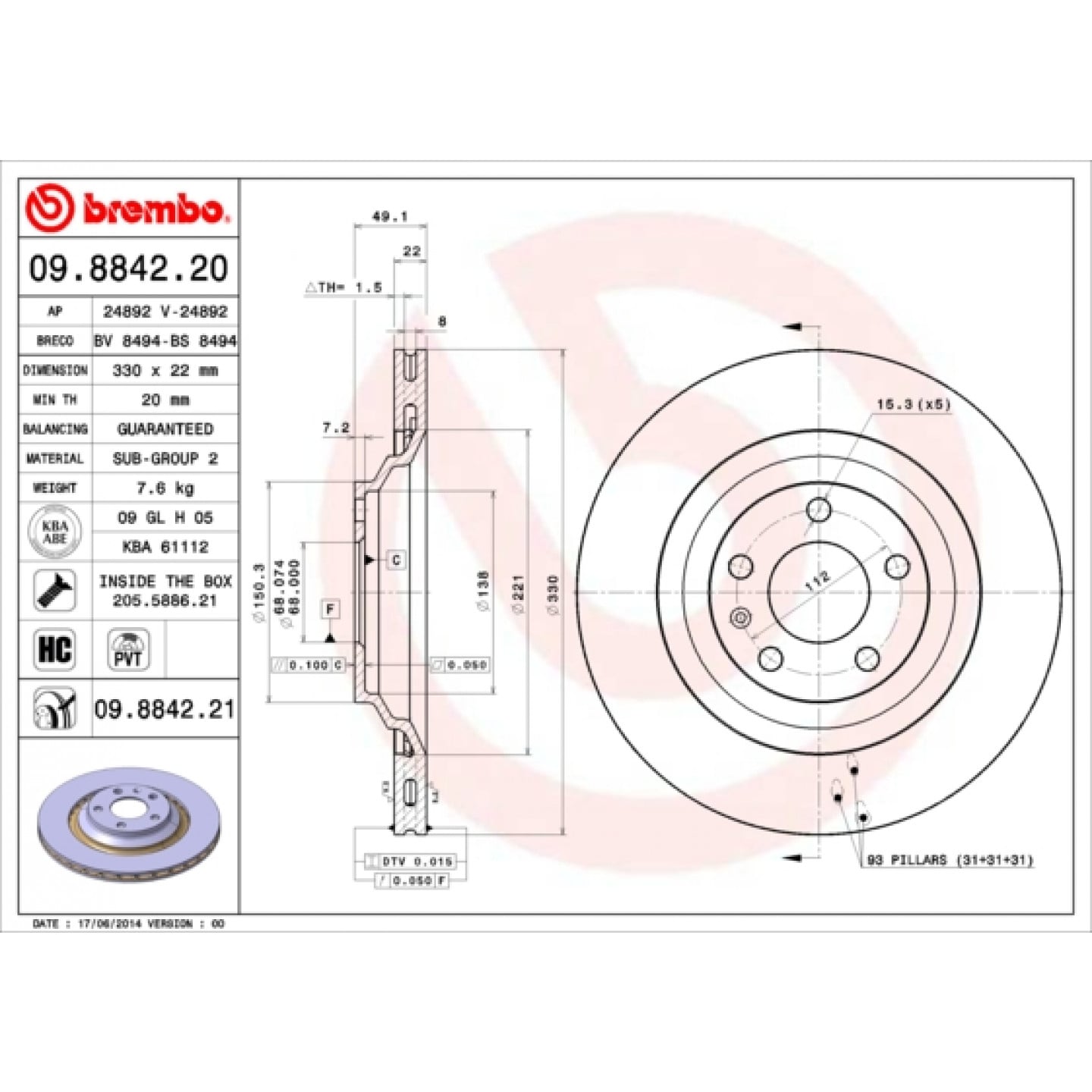 Brzdový kotouč BREMBO 09.8842.21