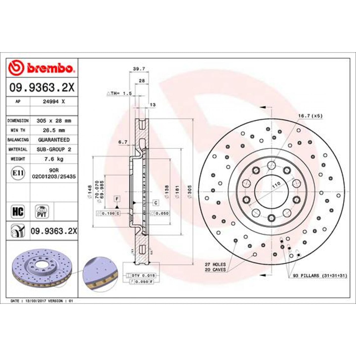 Tarcza hamulcowa BREMBO 09.9363.2X