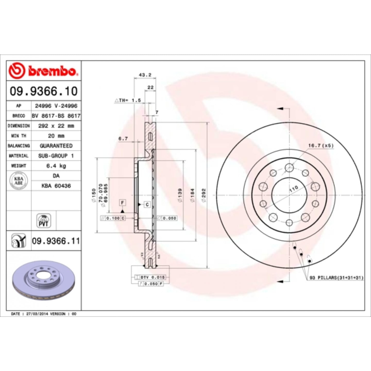 Brzdový kotouč BREMBO 09.9366.11