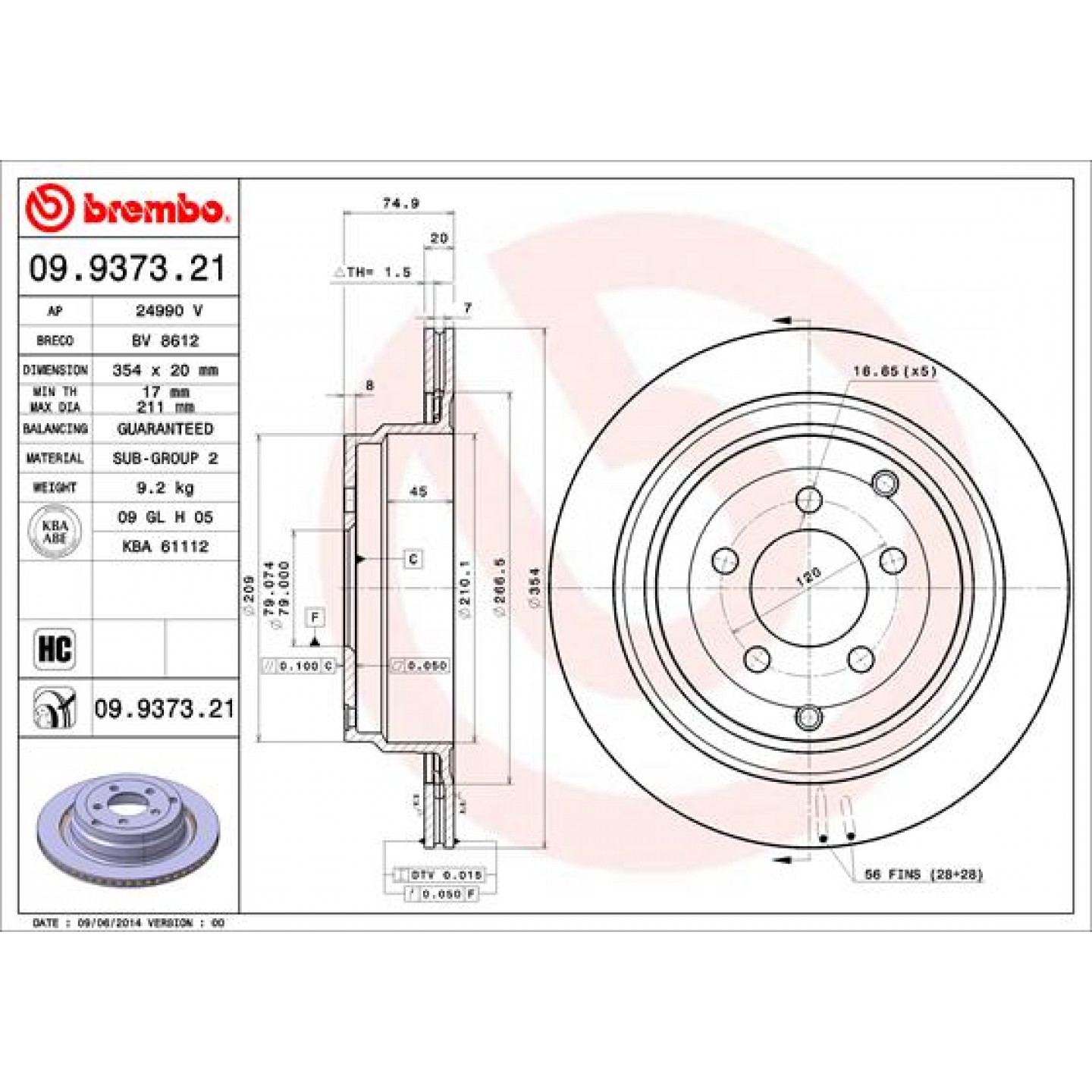 Tarcza hamulcowa BREMBO 09.9373.21