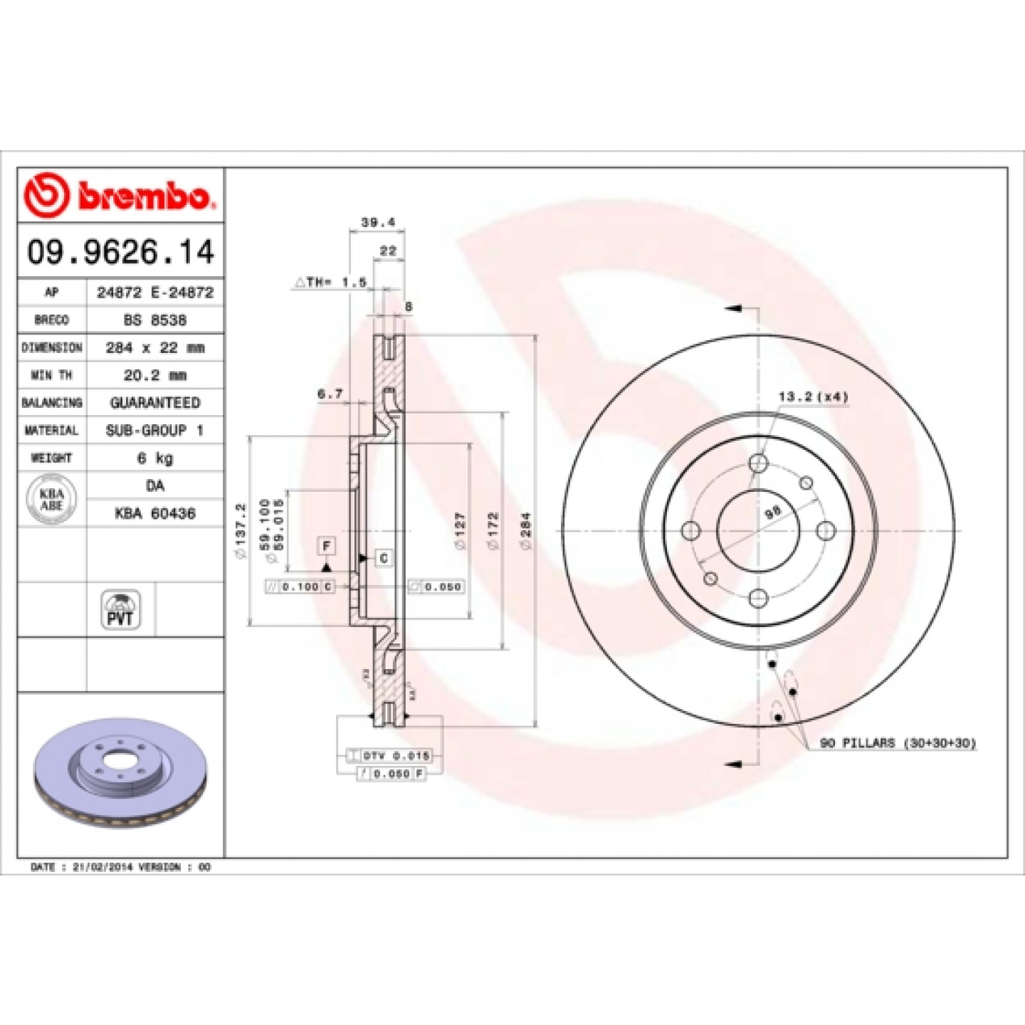 Tarcza hamulcowa BREMBO 09.9626.14