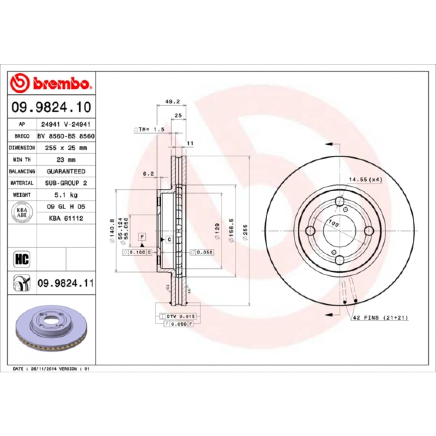 Brzdový kotouč BREMBO 09.9824.11