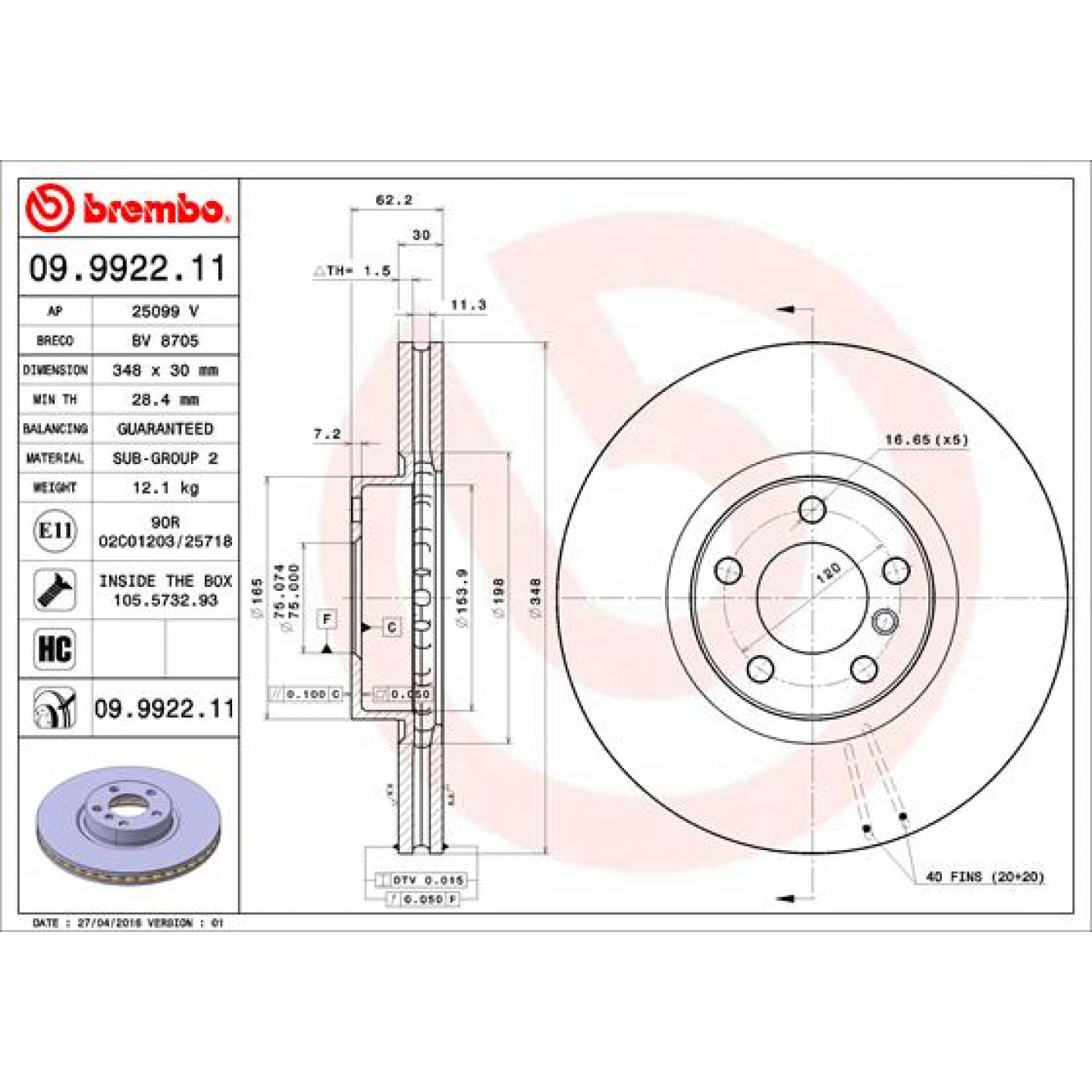 Bremsscheibe BREMBO 09.9922.11