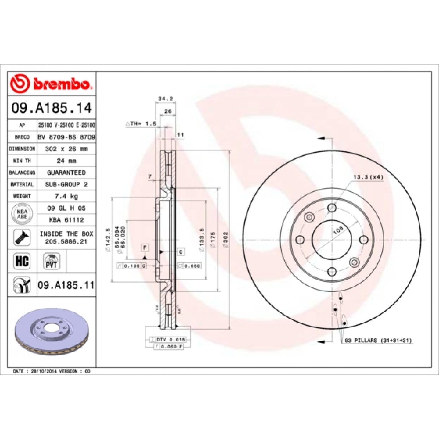 Brzdový kotouč BREMBO 09.A185.11