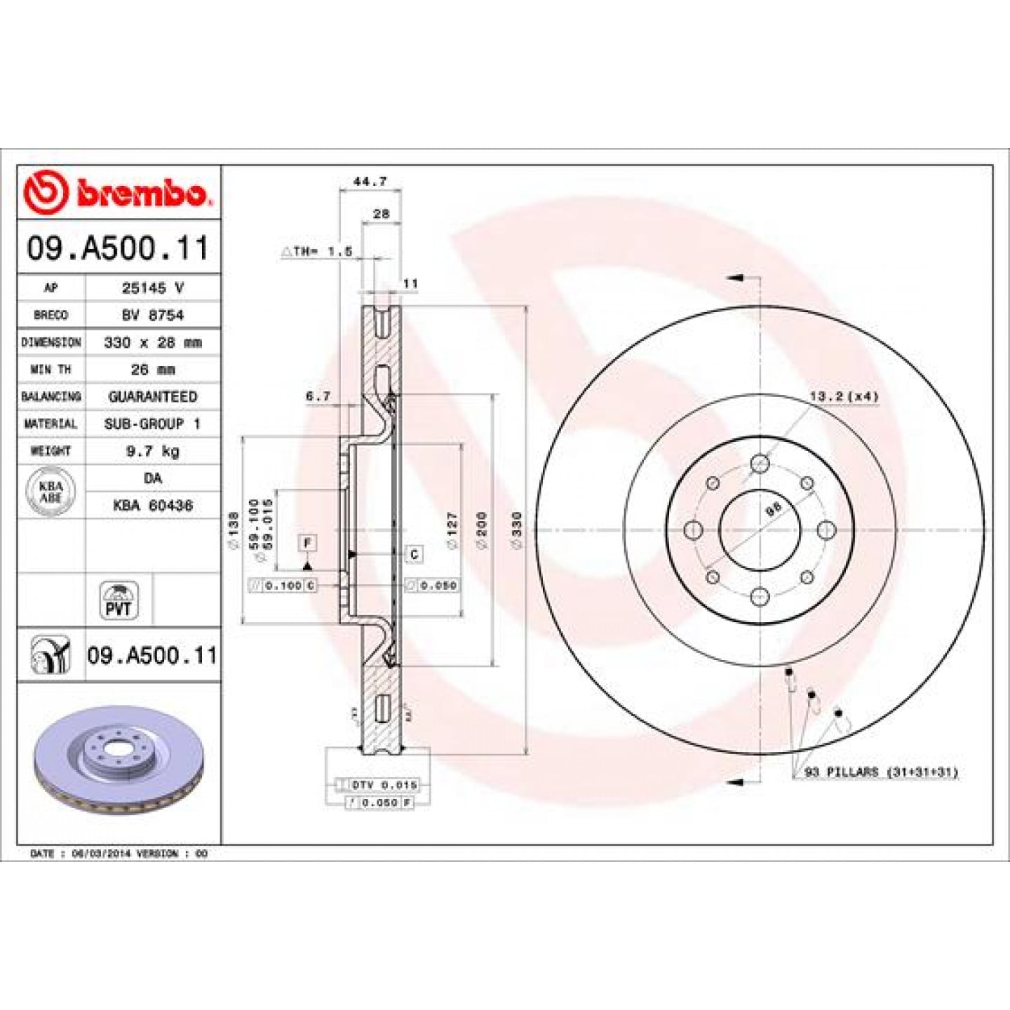 Brzdový kotouč BREMBO 09.A500.11
