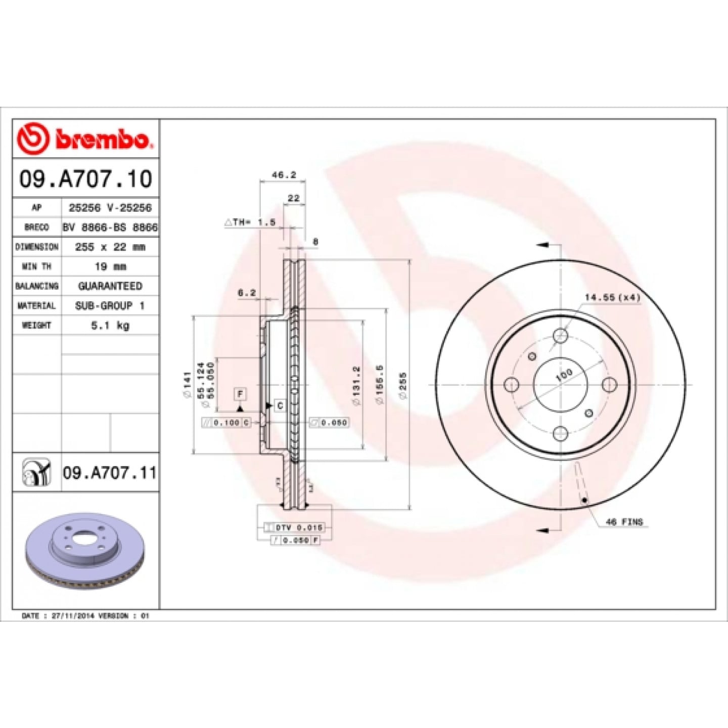 Brzdový kotouč BREMBO 09.A707.11
