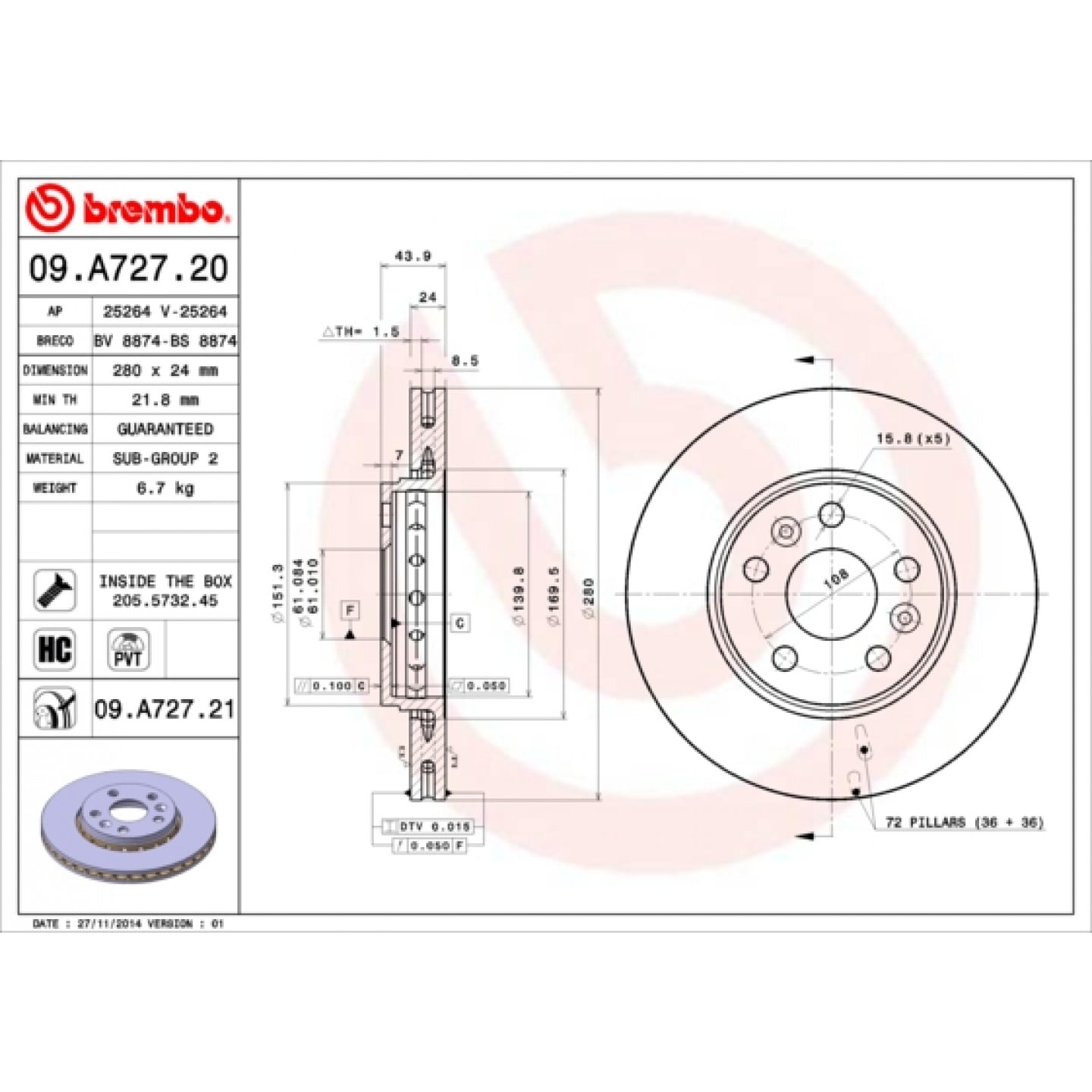 Bremseskive BREMBO 09.A727.21