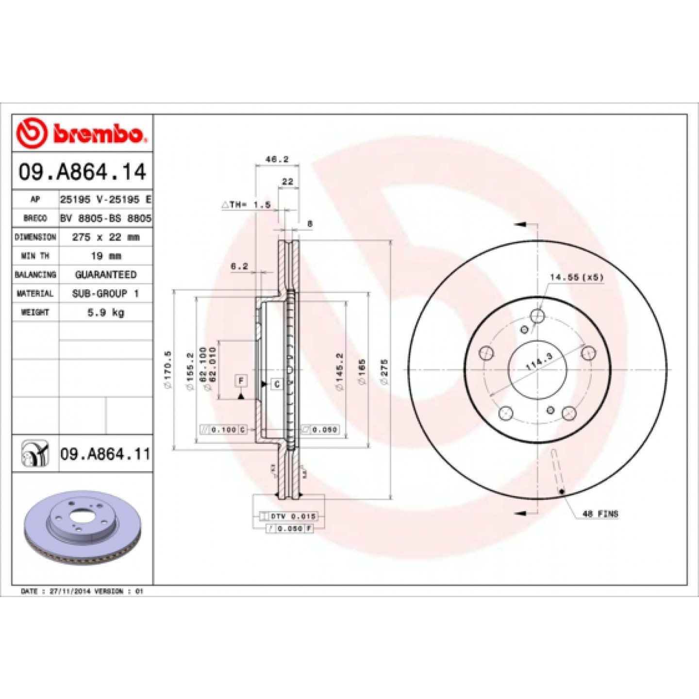 Bremseskive BREMBO 09.A864.11