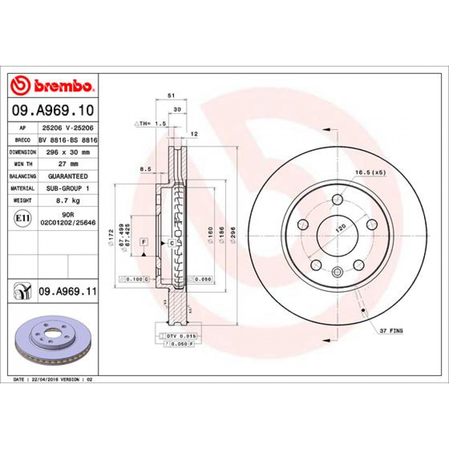 Bremsscheibe BREMBO 09.A969.10