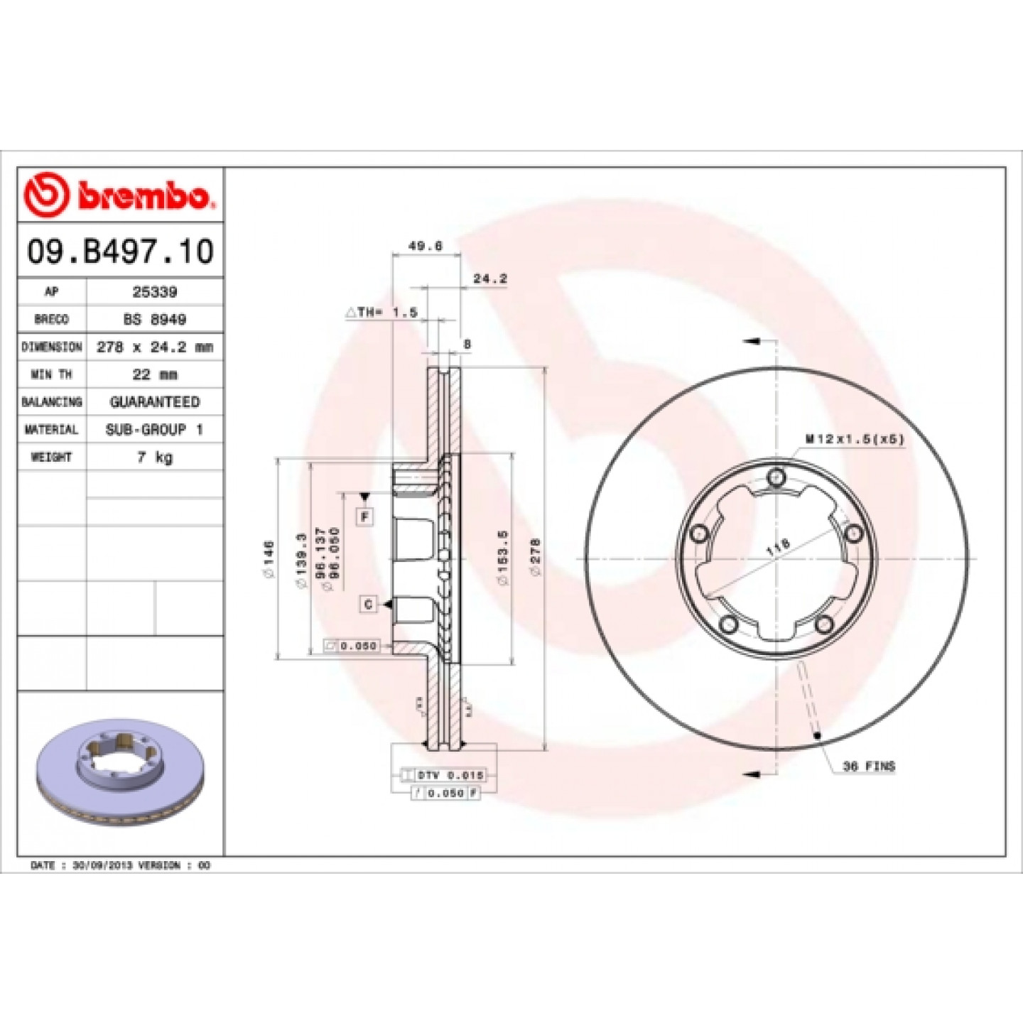 Remschijf BREMBO 09.B497.10