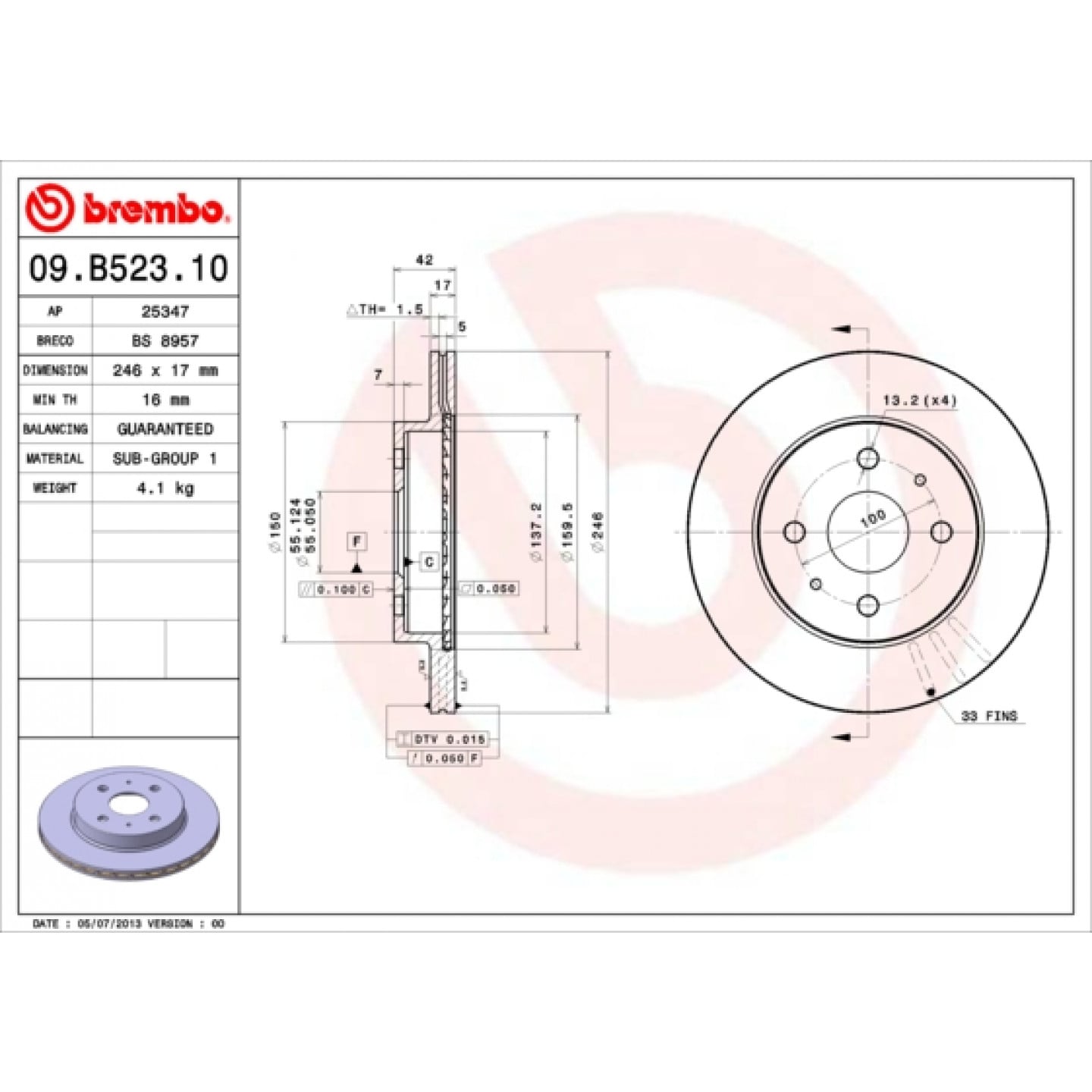 Remschijf BREMBO 09.B523.10