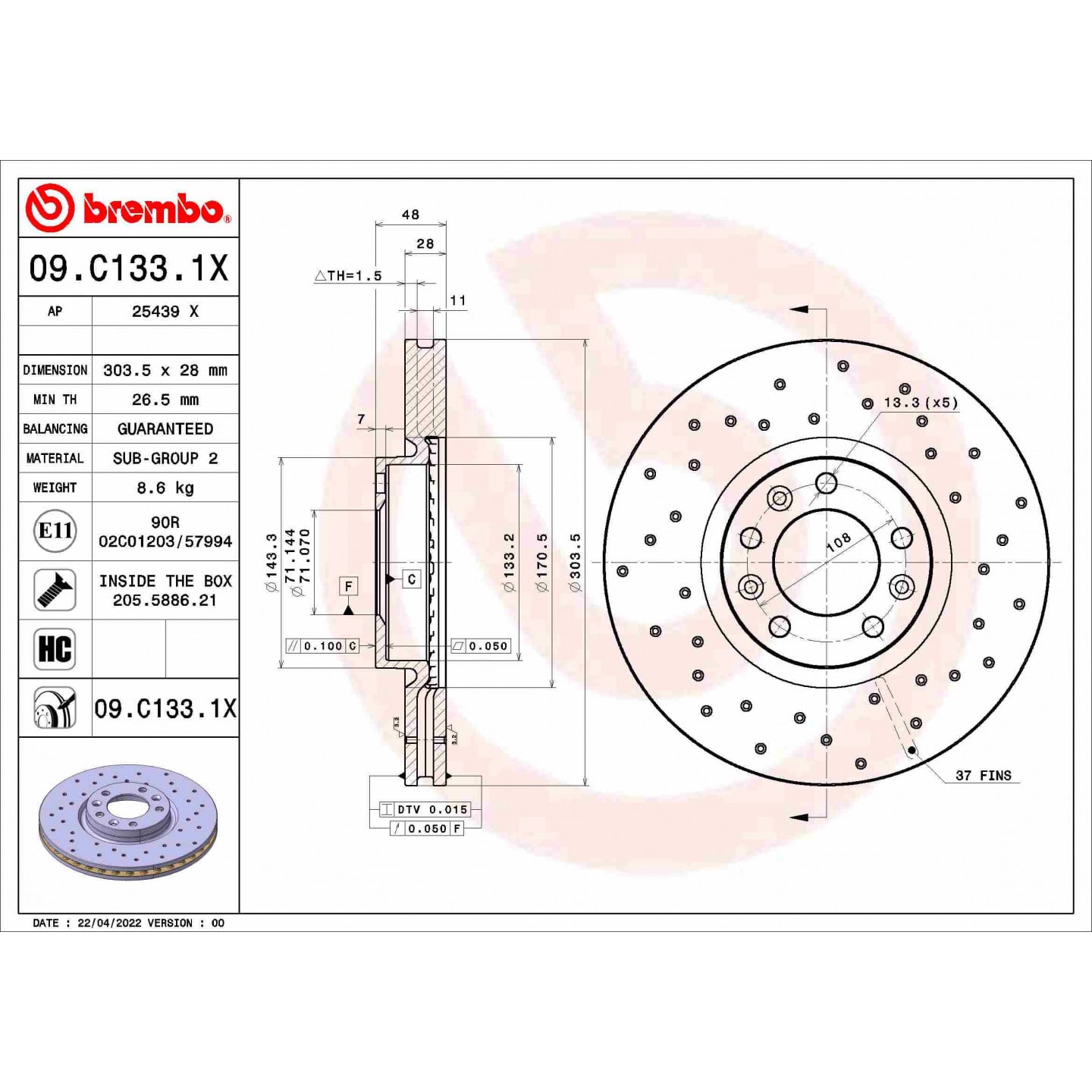 Brake Disc BREMBO 09.C133.1X - Trodo.com