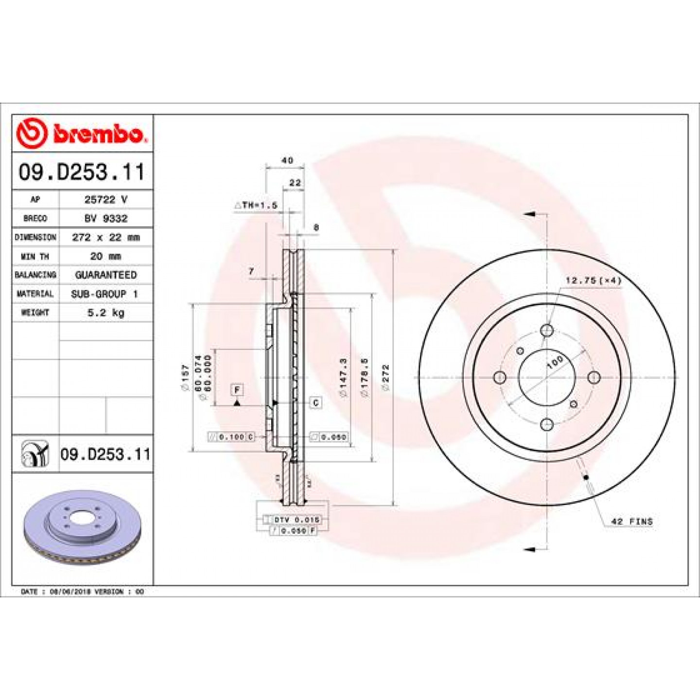 Remschijf BREMBO 09.D253.11