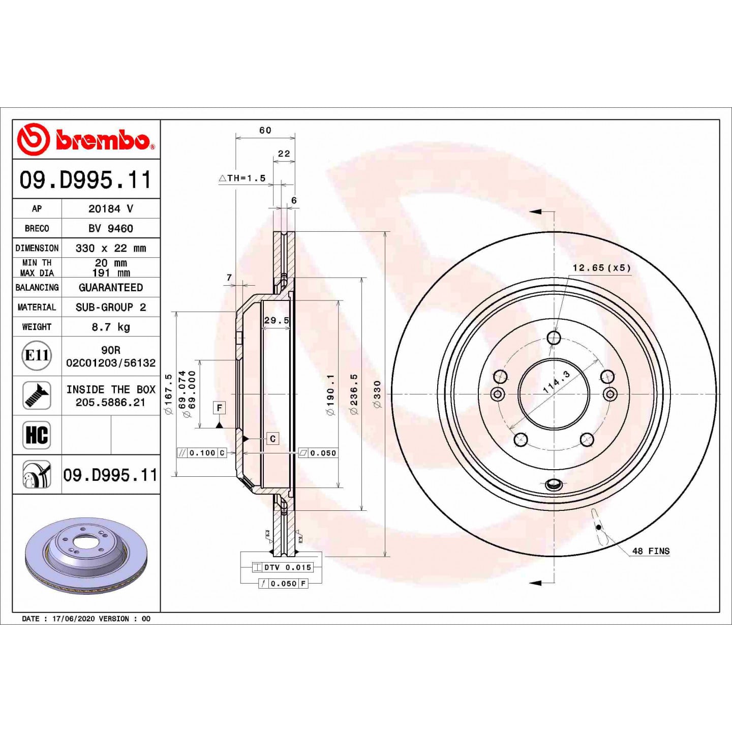 Brzdový kotouč BREMBO 09.D995.11