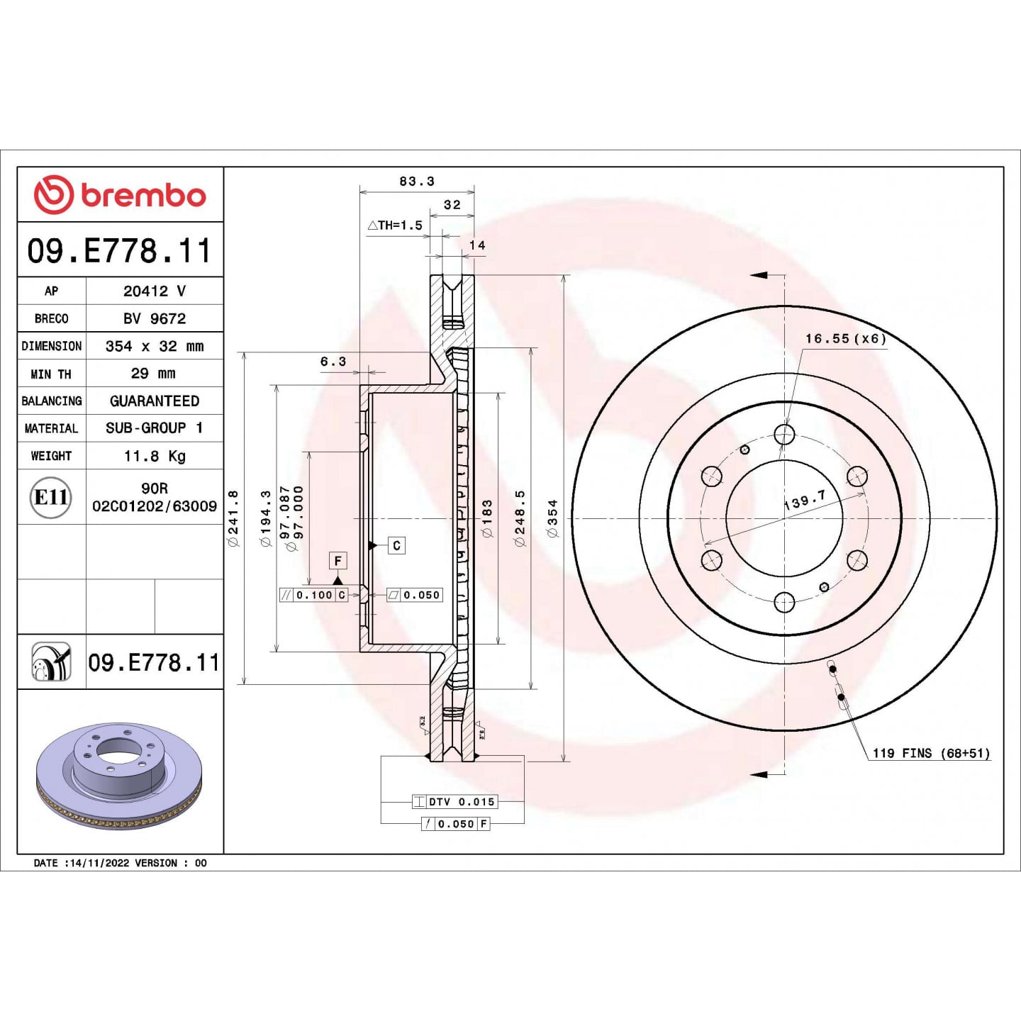 Bremsscheibe BREMBO 09.E778.11