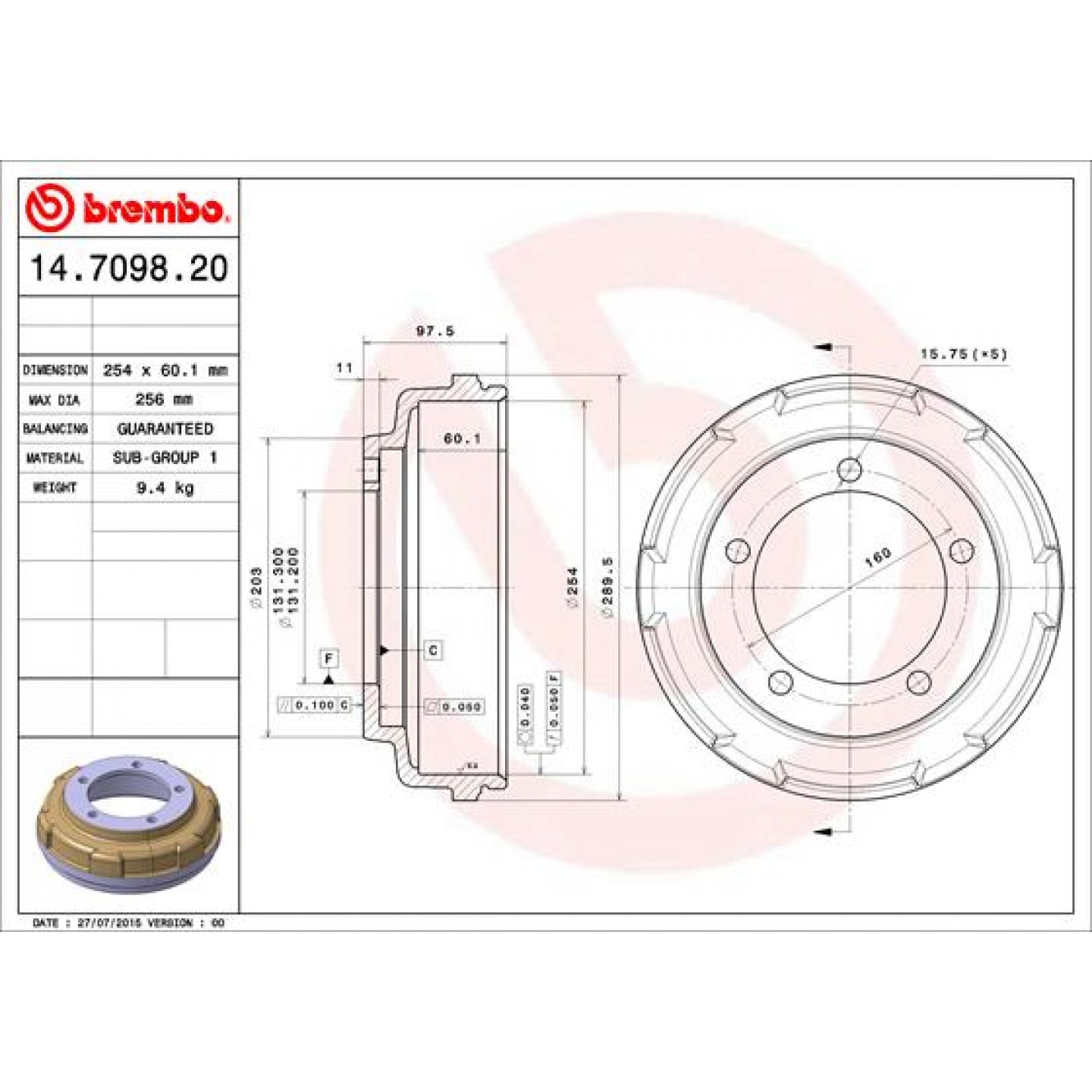 طنبورة الفرامل BREMBO 14.7098.20