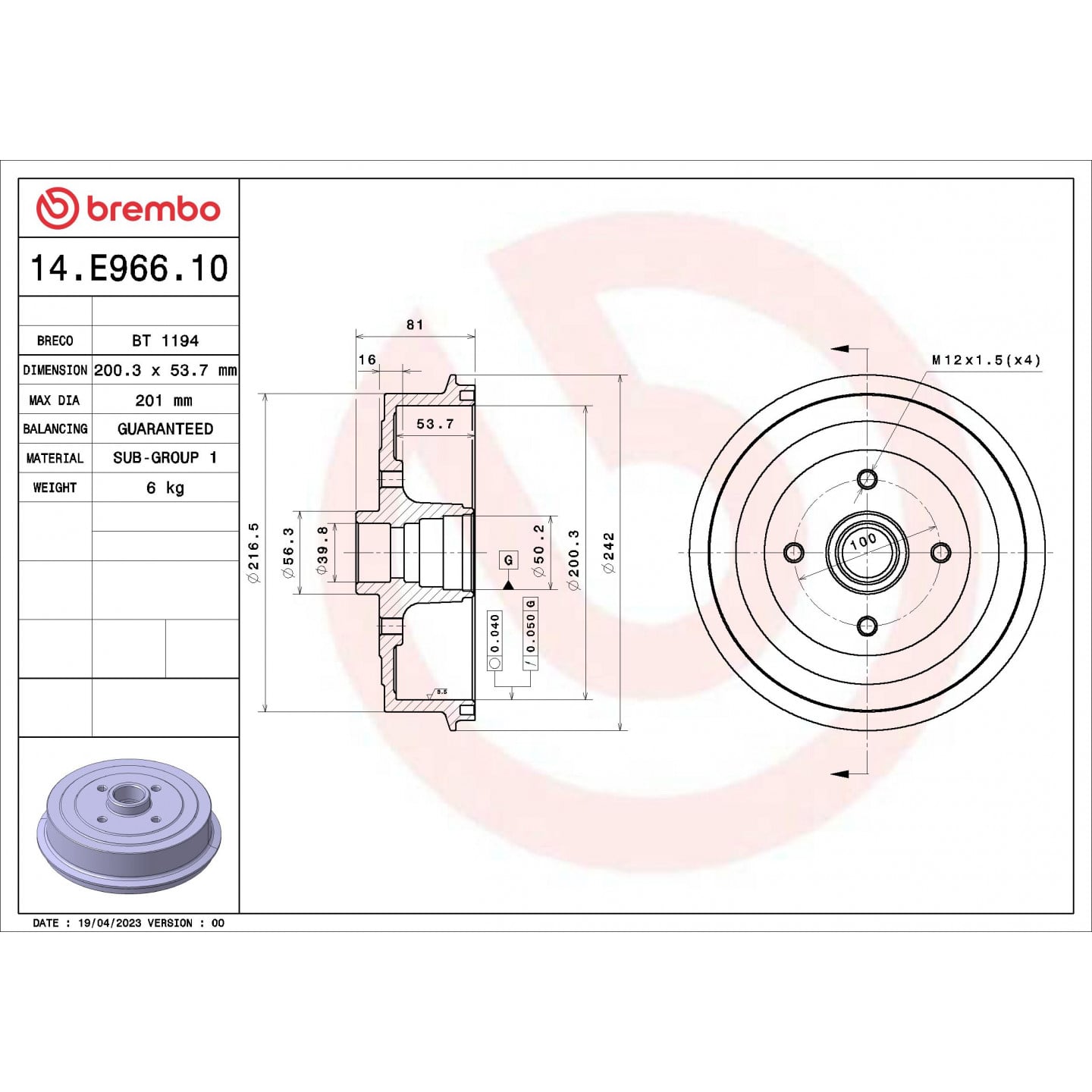 Bremsetromle BREMBO 14.E966.10