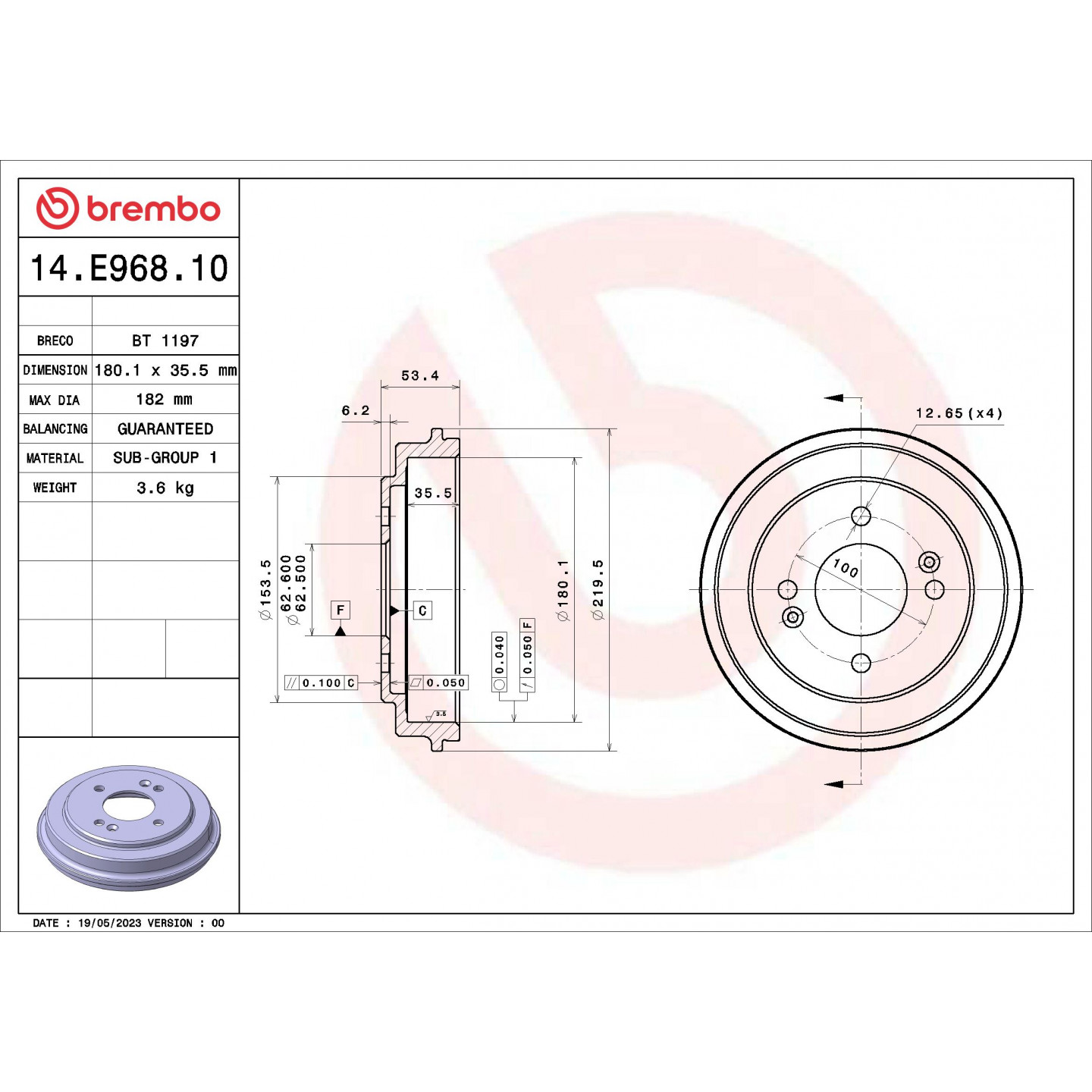 Brzdový buben BREMBO 14.E968.10