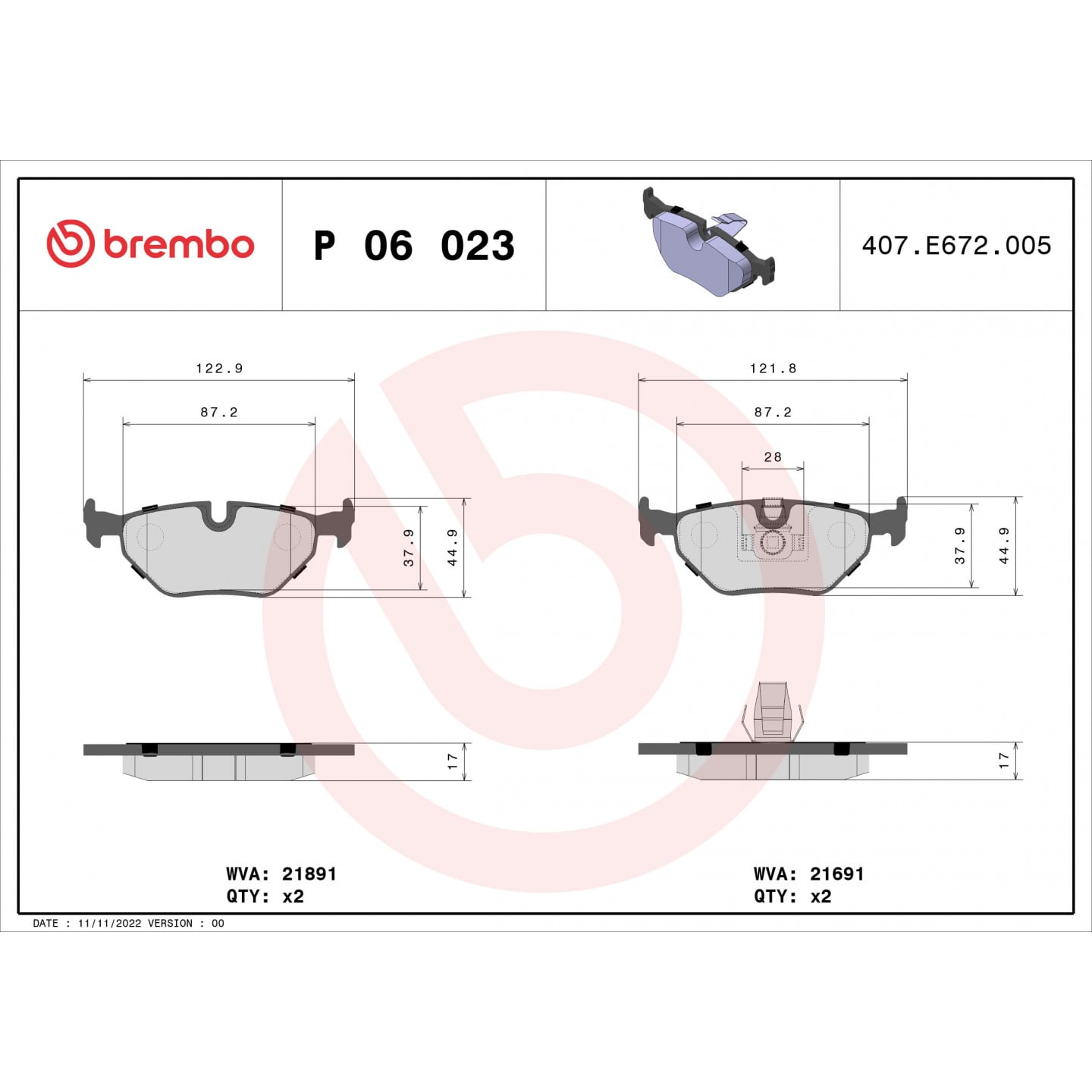 Sada brzdových destiček, kotoučová brzda BREMBO P 06 023