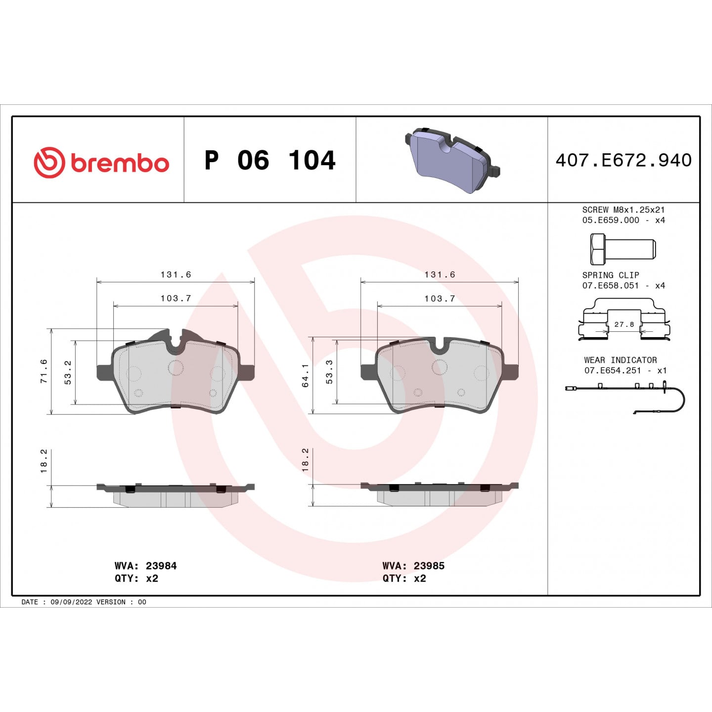 Sada brzdových destiček, kotoučová brzda BREMBO P 06 104