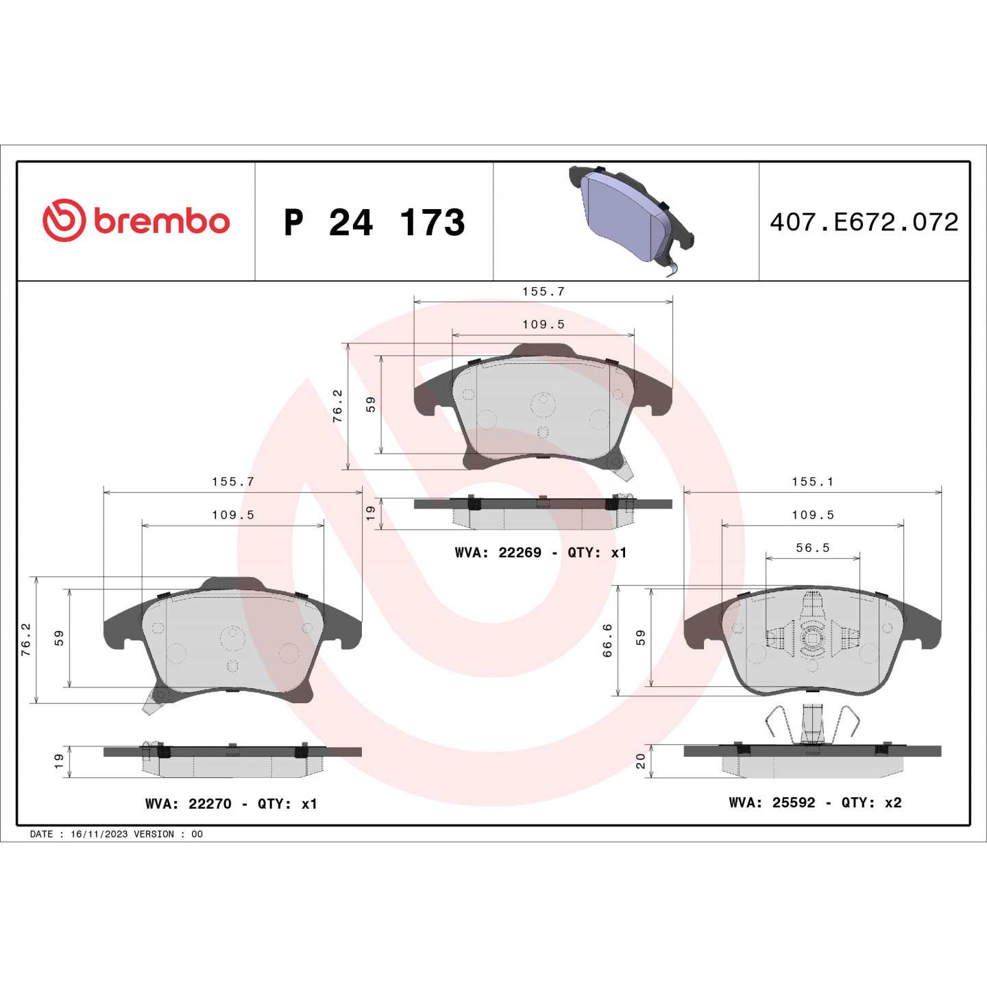 Sada brzdových destiček, kotoučová brzda BREMBO P 24 173