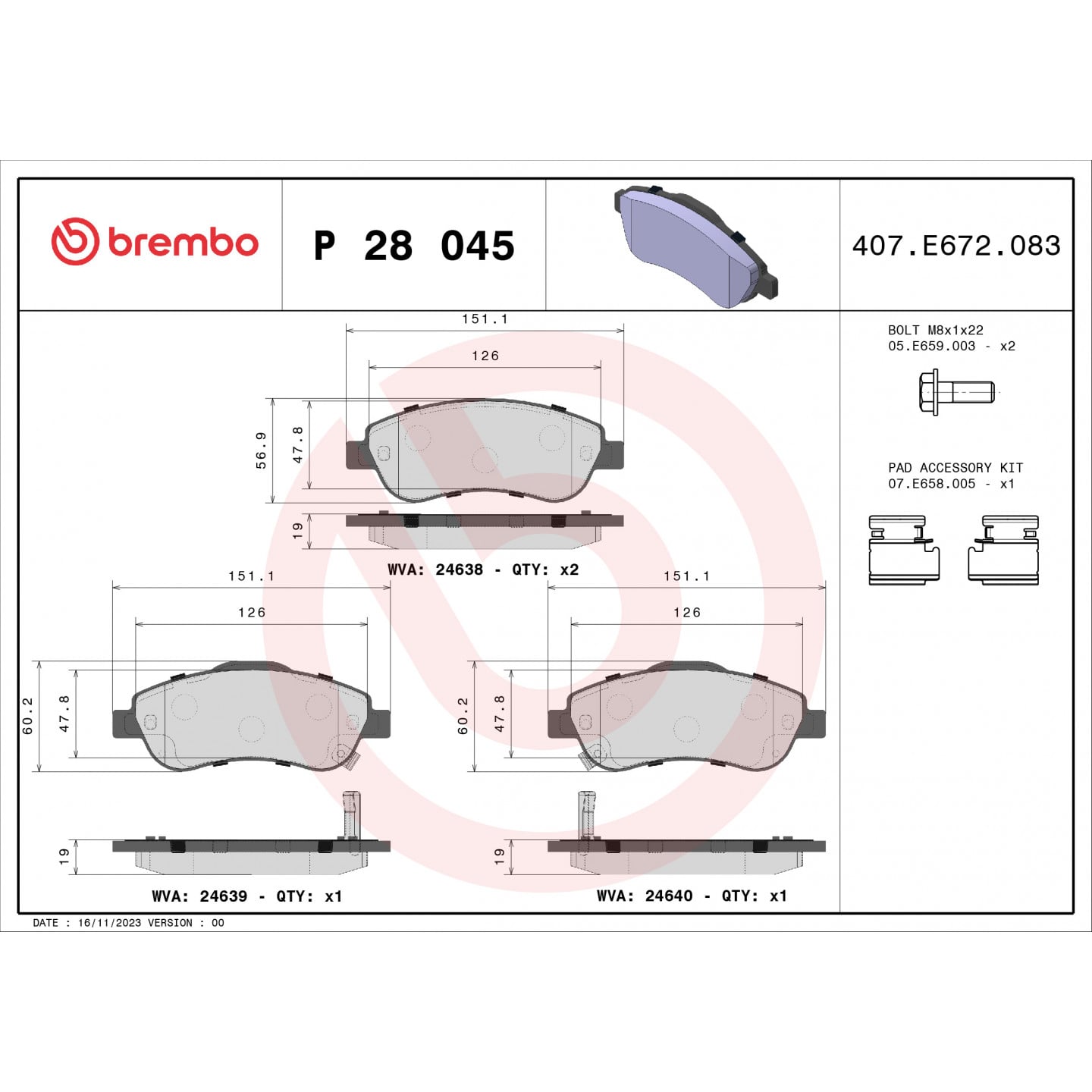 Sada brzdových destiček, kotoučová brzda BREMBO P 28 045